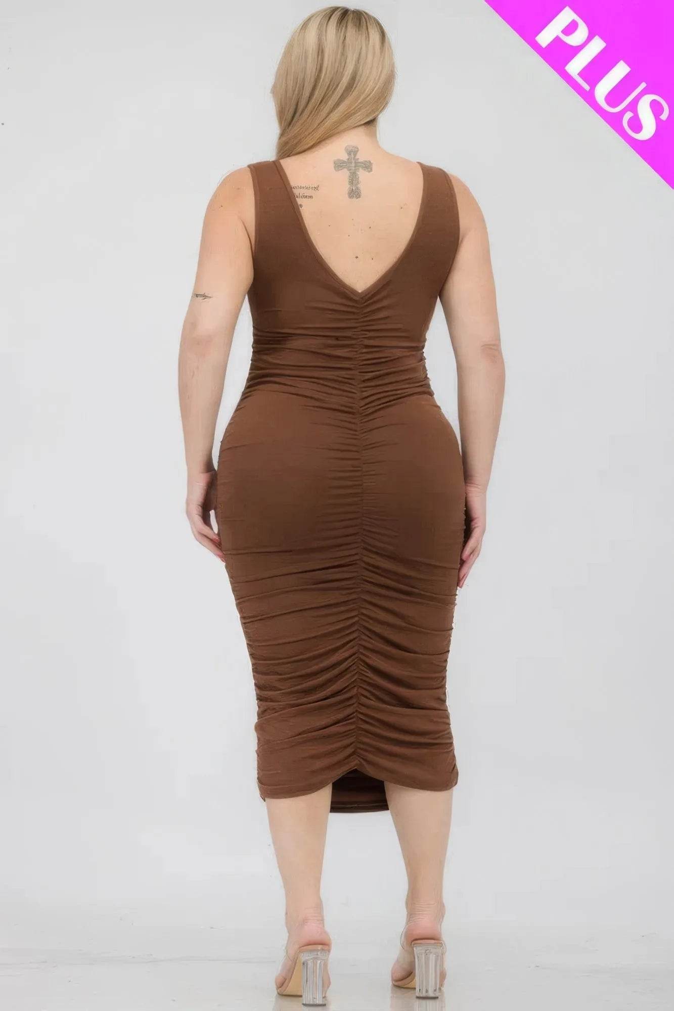 Plus Size Square Neck Ruched Bodycon Midi Dress - Bona Fide Fashion
