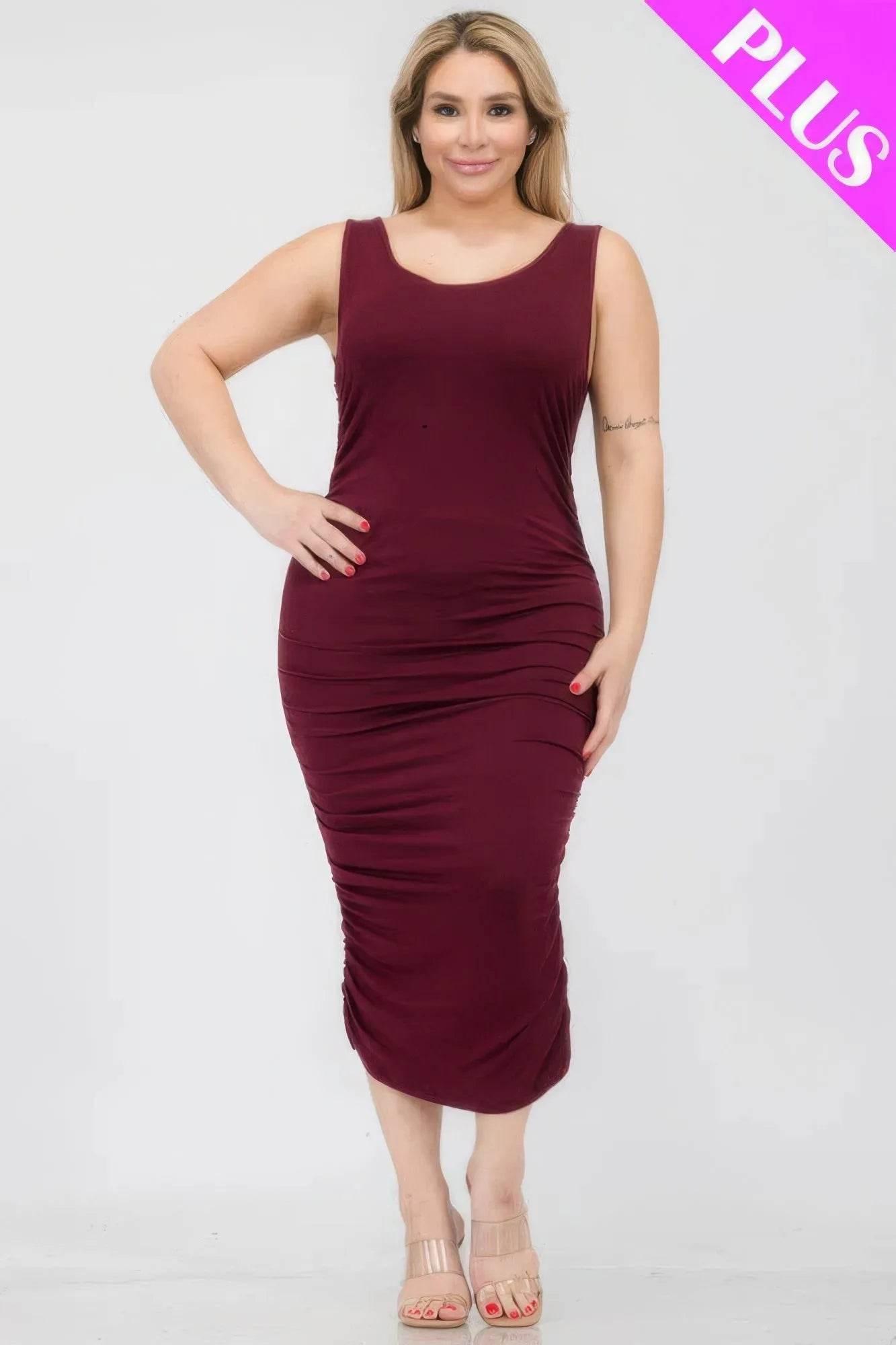 Plus Size Square Neck Ruched Bodycon Midi Dress - Bona Fide Fashion