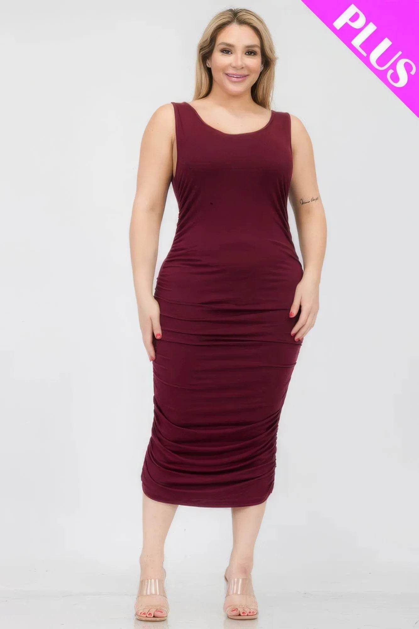 Plus Size Square Neck Ruched Bodycon Midi Dress - Bona Fide Fashion