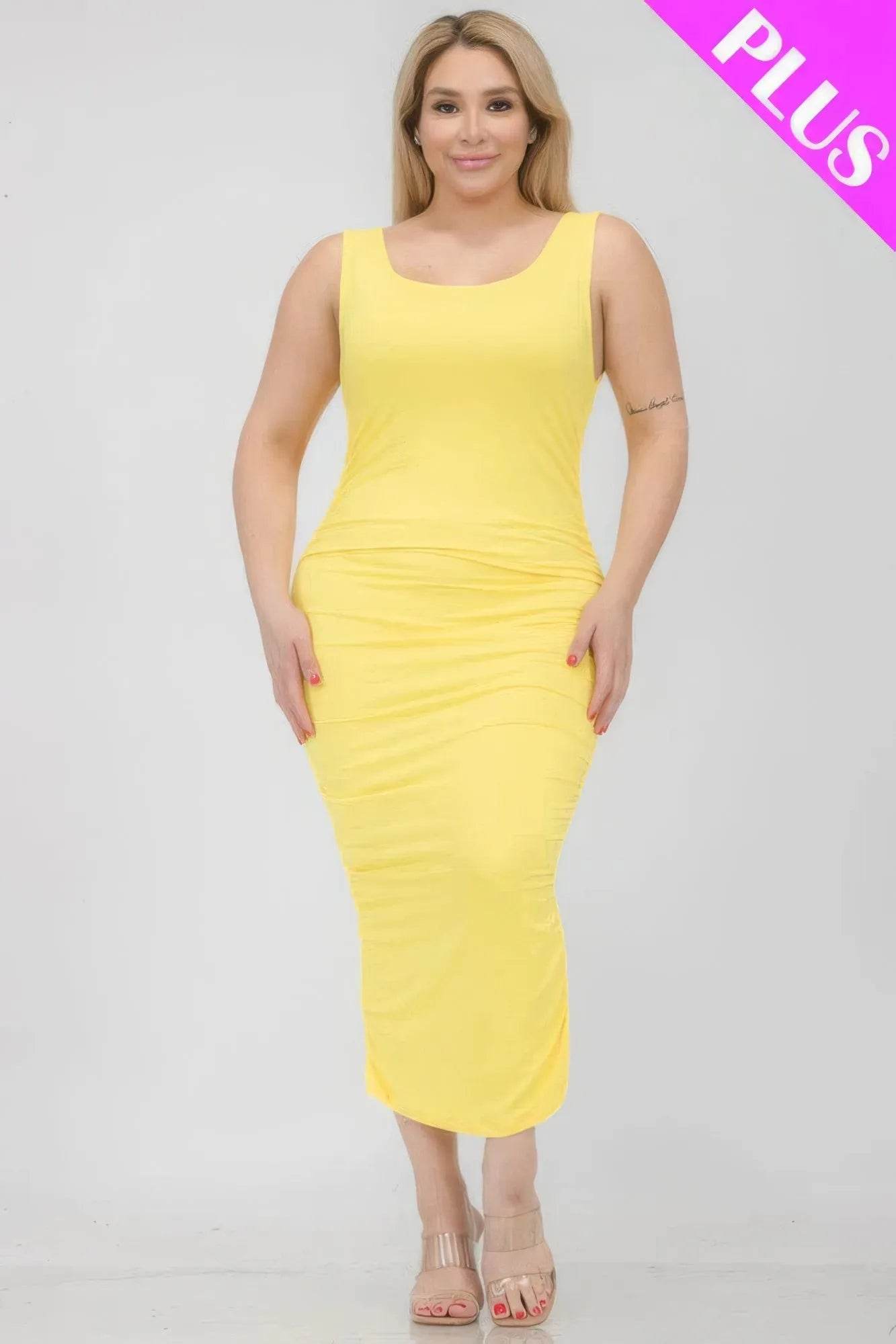 Plus Size Square Neck Ruched Bodycon Midi Dress - Bona Fide Fashion