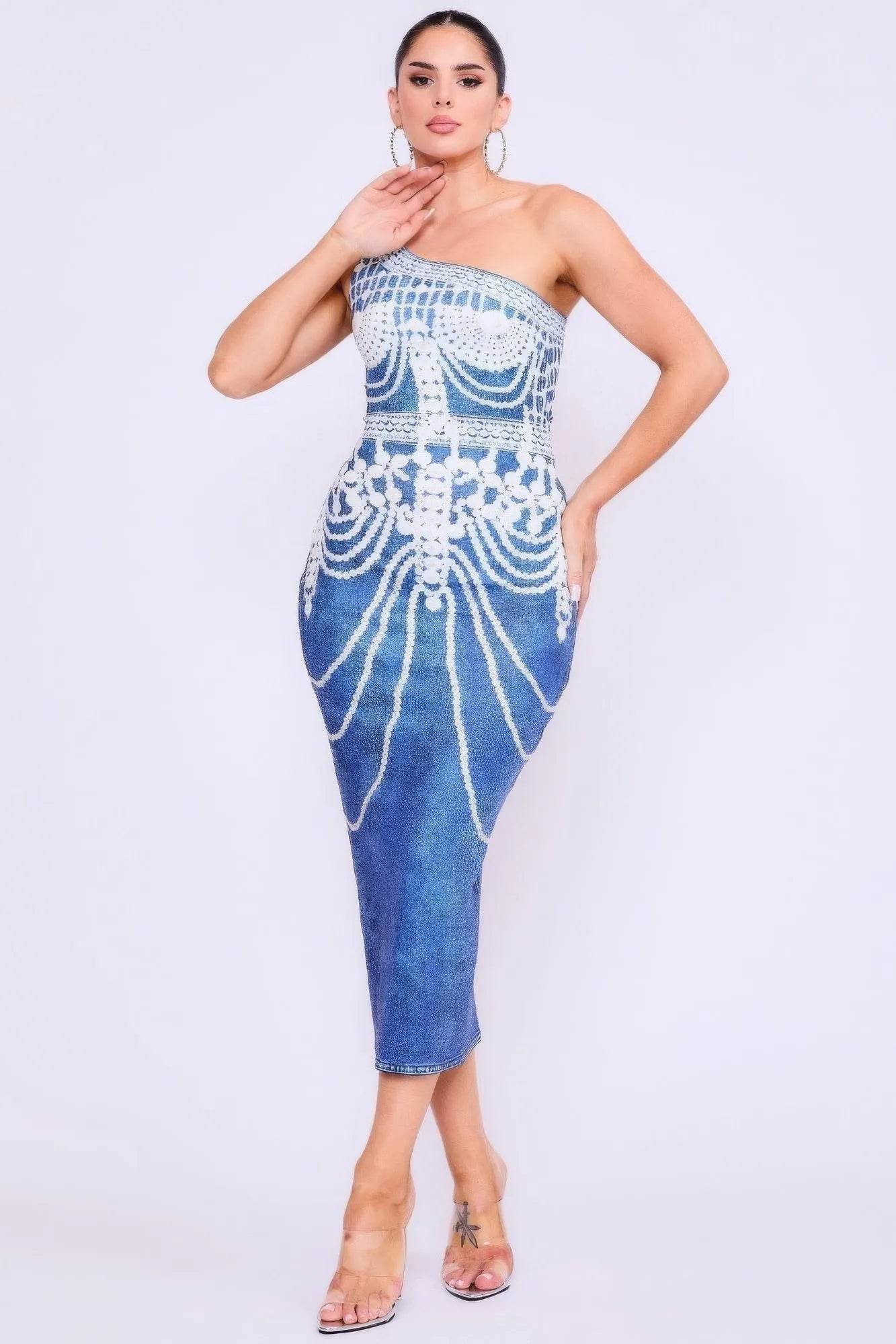 One Shoulder Denim Print Dress - Bona Fide Fashion