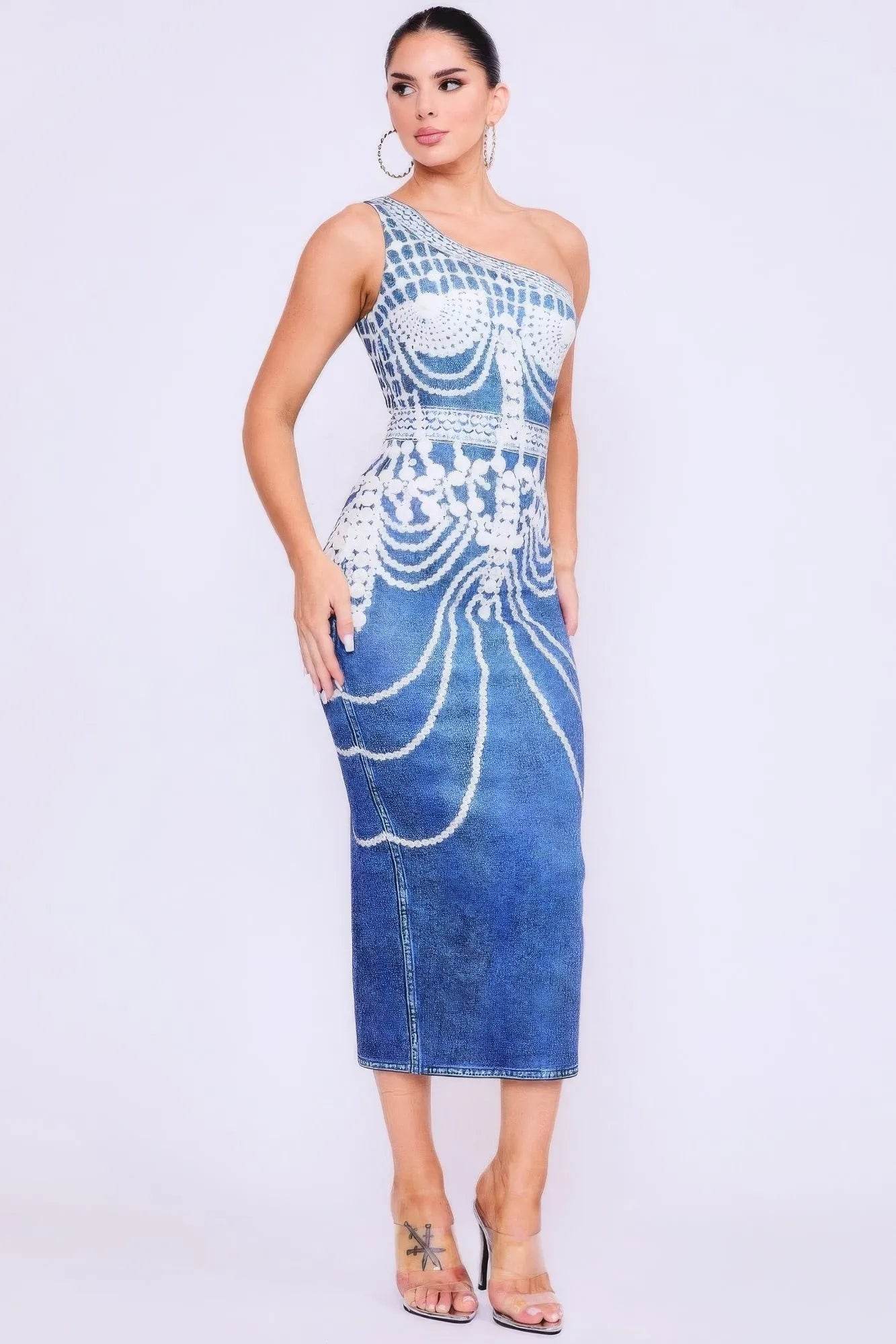 One Shoulder Denim Print Dress - Bona Fide Fashion