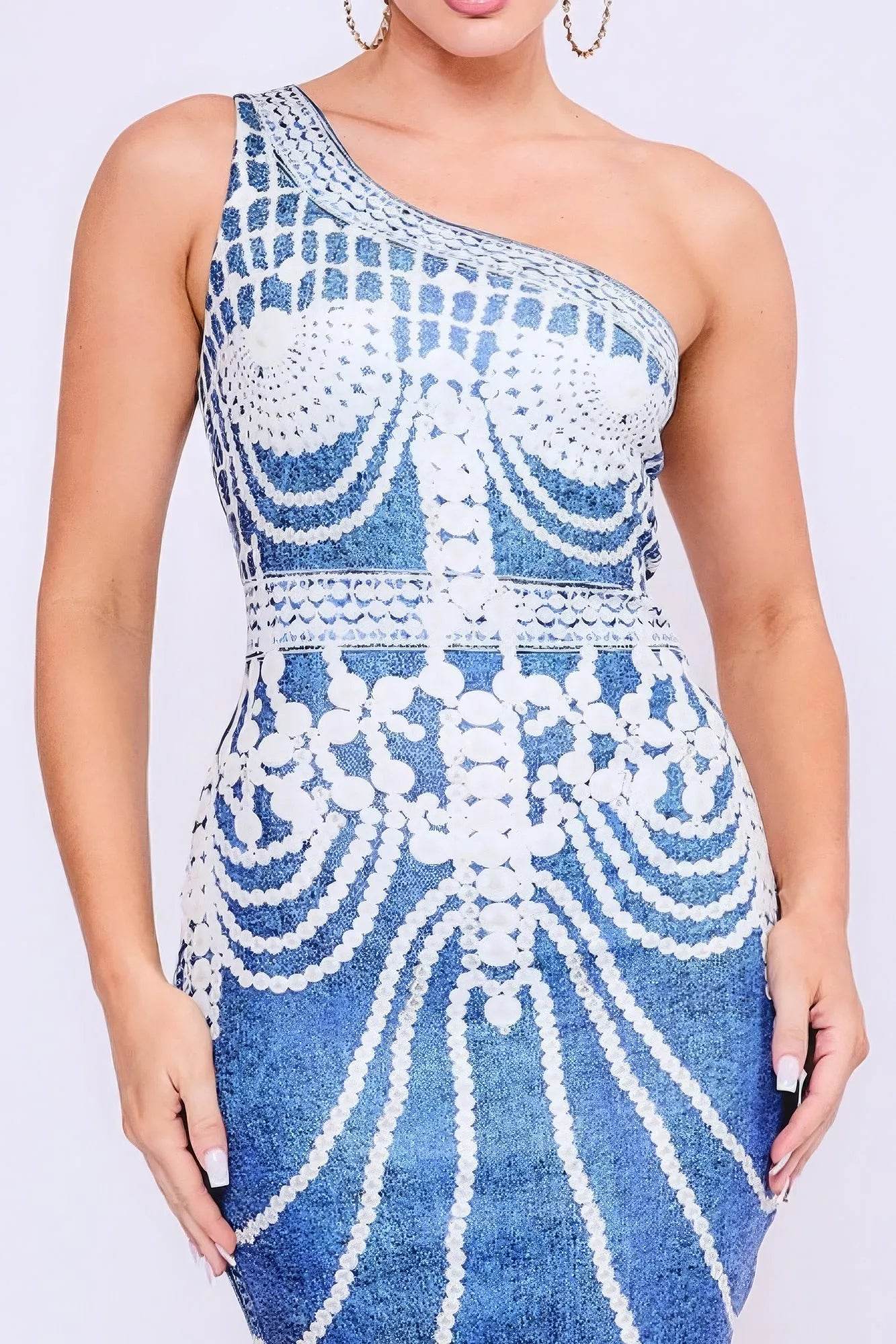 One Shoulder Denim Print Dress - Bona Fide Fashion