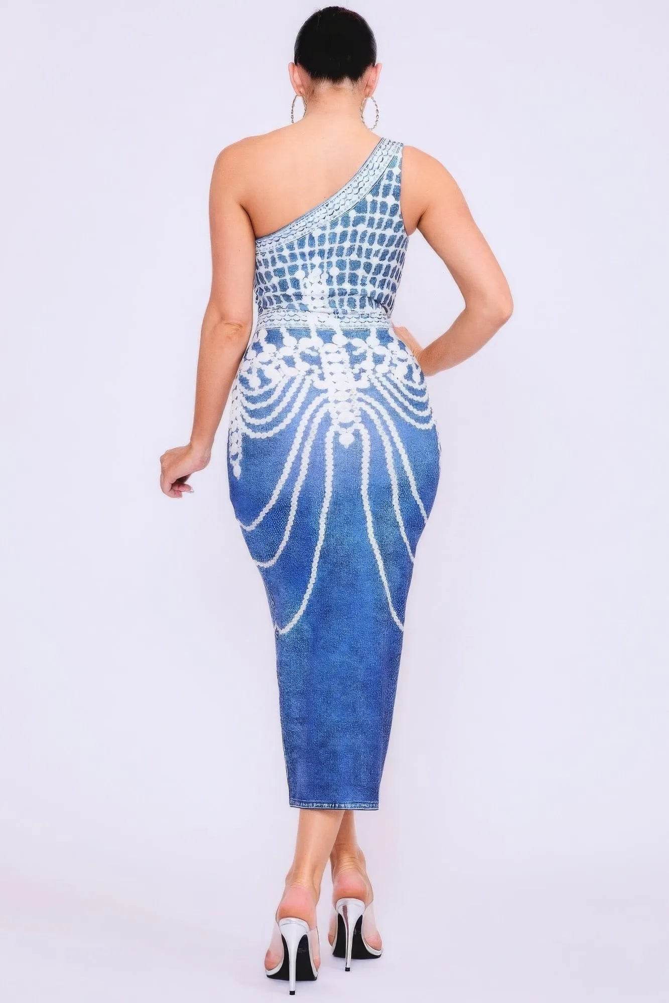 One Shoulder Denim Print Dress - Bona Fide Fashion