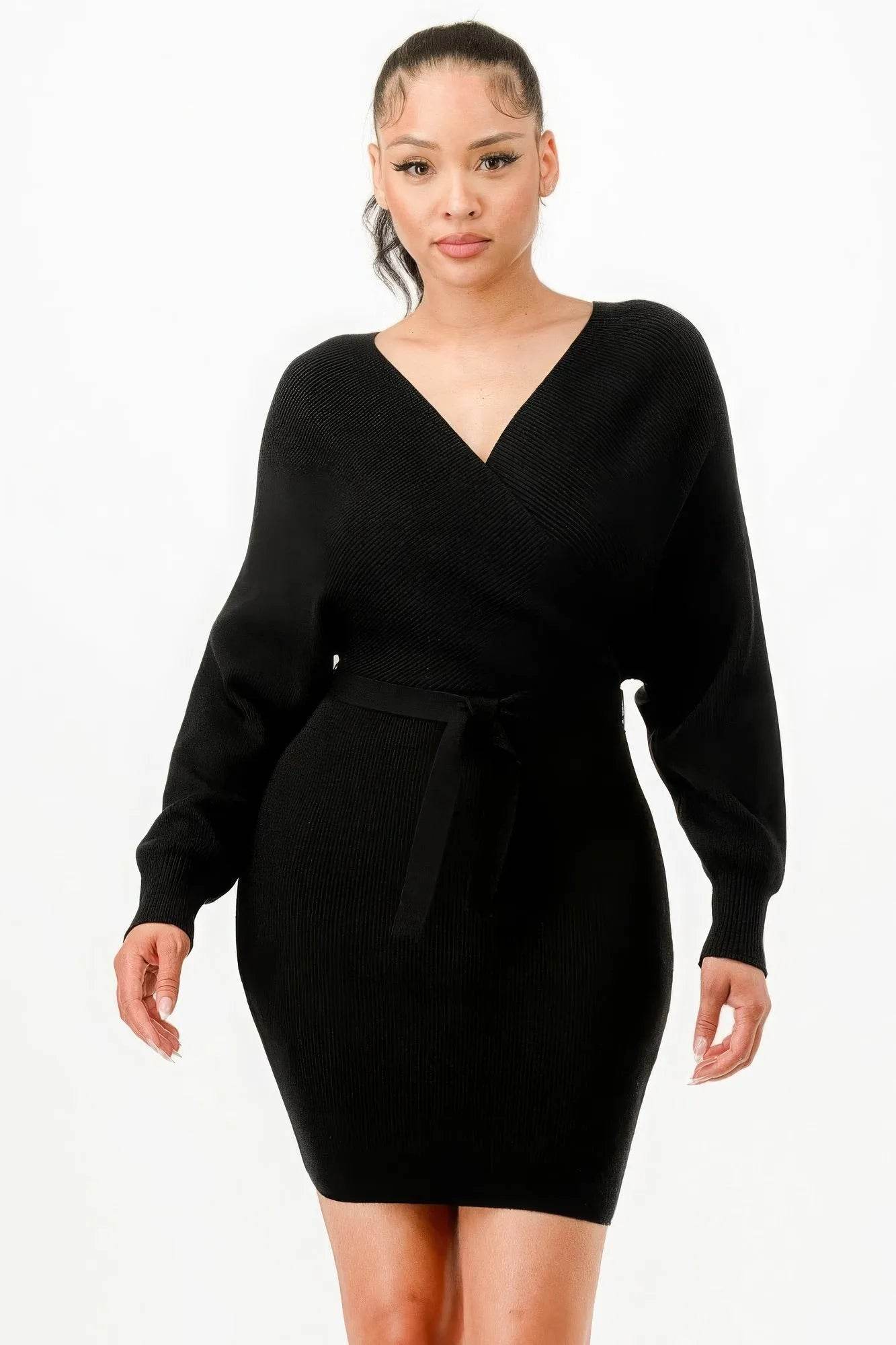 Off Shoulder Wrap Belted Ribbed Sweather Dress - Bona Fide Fashion