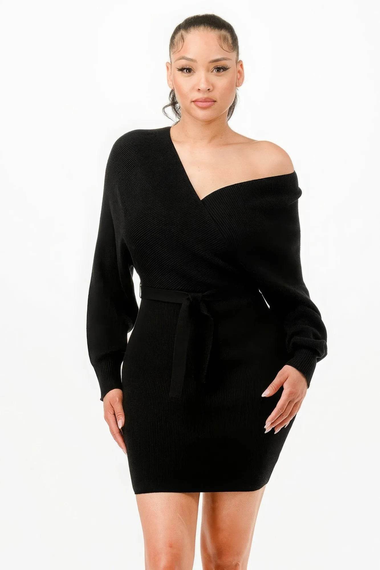 Off Shoulder Wrap Belted Ribbed Sweather Dress - Bona Fide Fashion