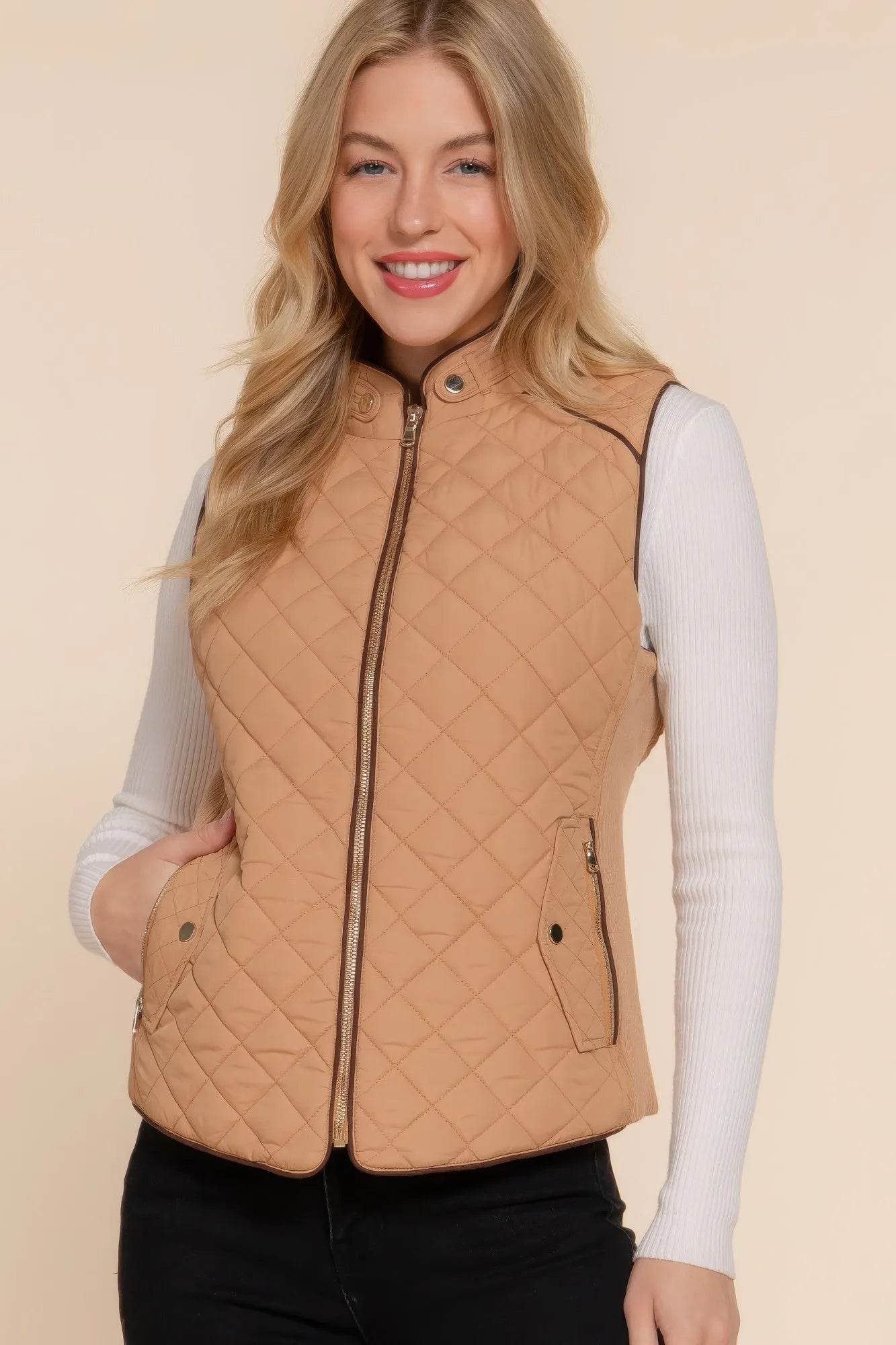 Suede Piping Quilted Padding Vest - Bona Fide Fashion