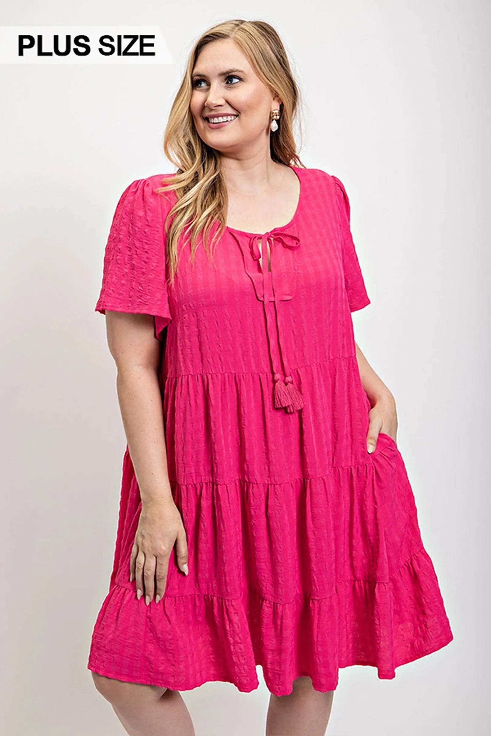 Textured woven tiered dress with tassel tie and pockets - Bona Fide Fashion