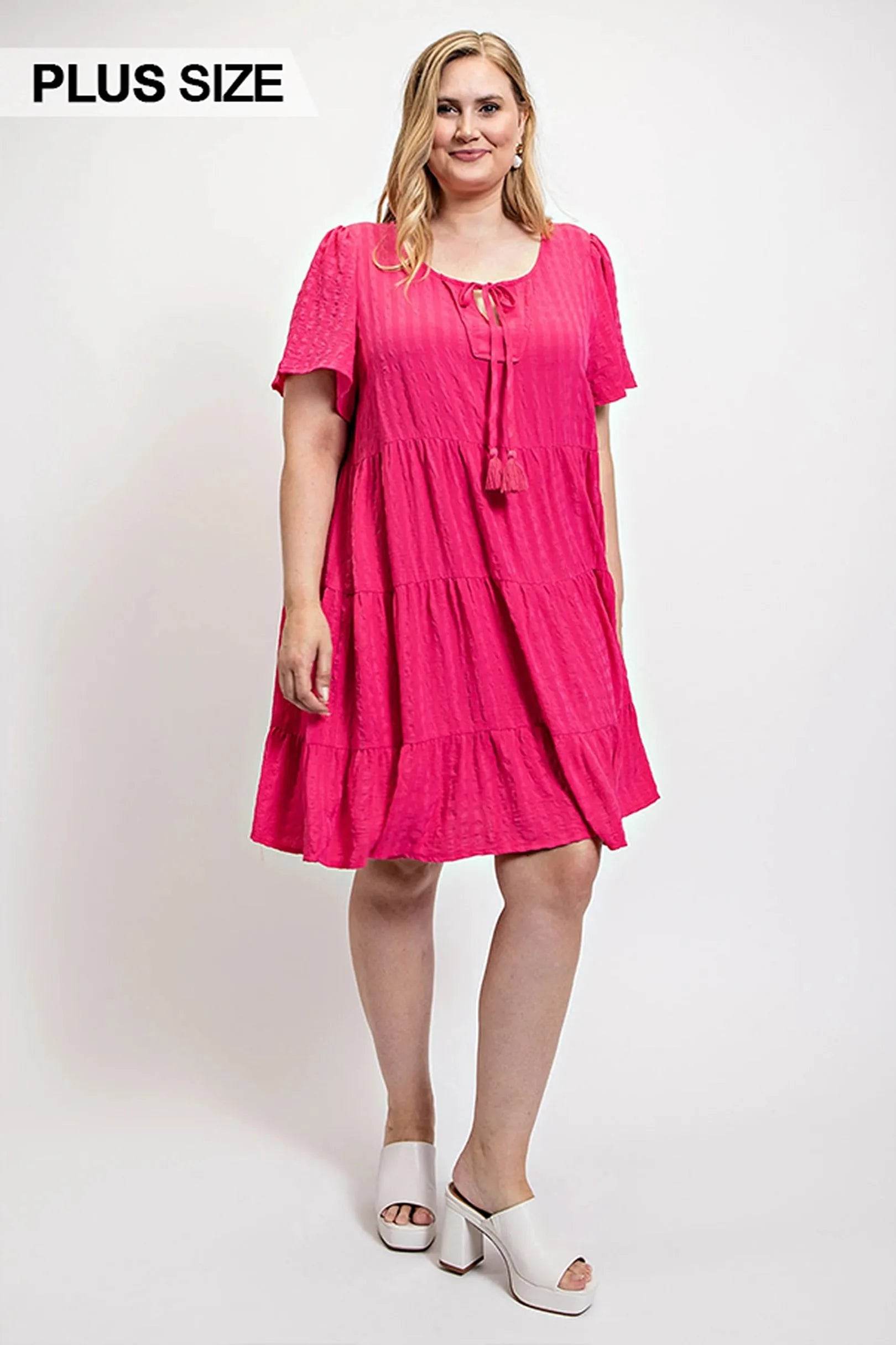 Textured woven tiered dress with tassel tie and pockets - Bona Fide Fashion