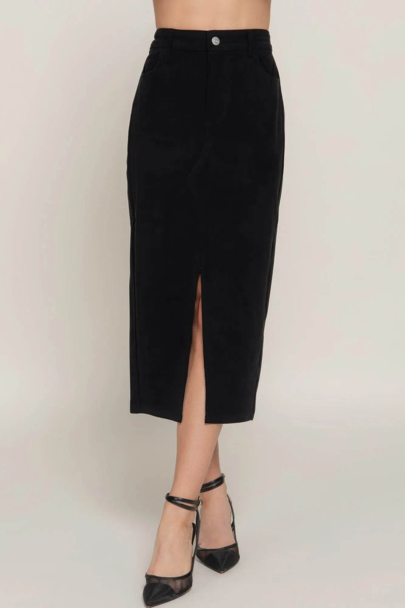 Front Open Slit Corduroy Midi Skirt - Bona Fide Fashion