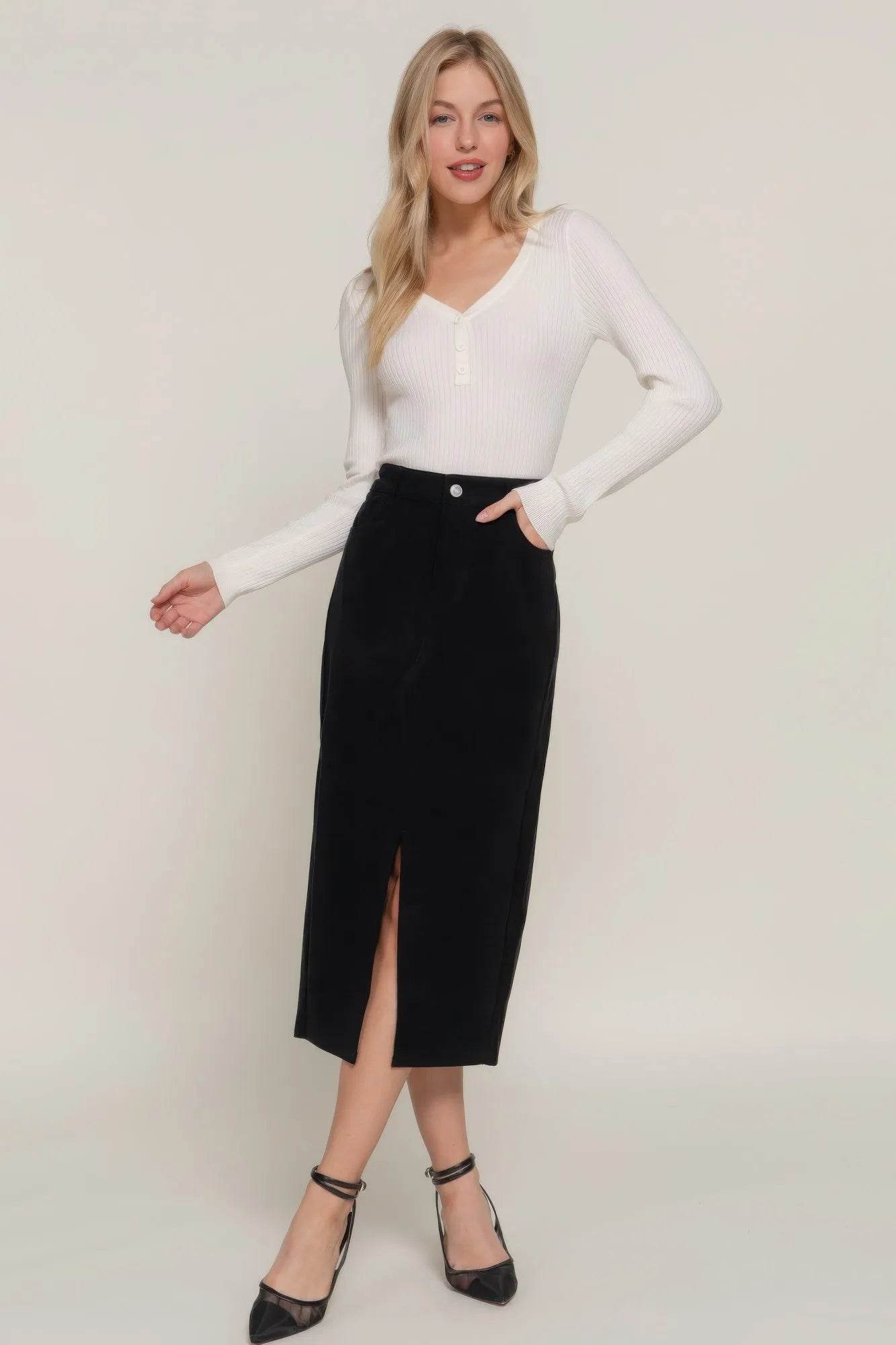 Front Open Slit Corduroy Midi Skirt - Bona Fide Fashion