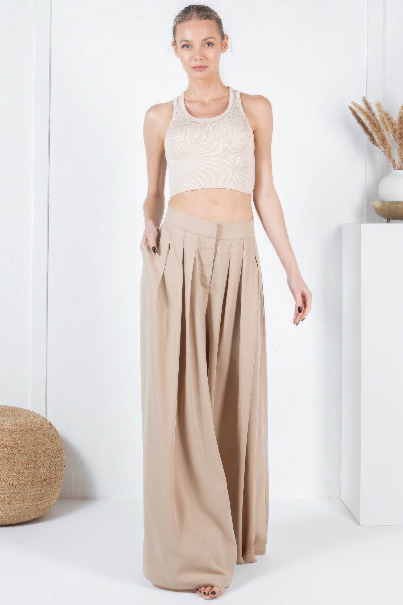 Large Hem Wide Leg Pleated Solid Pants - Bona Fide Fashion