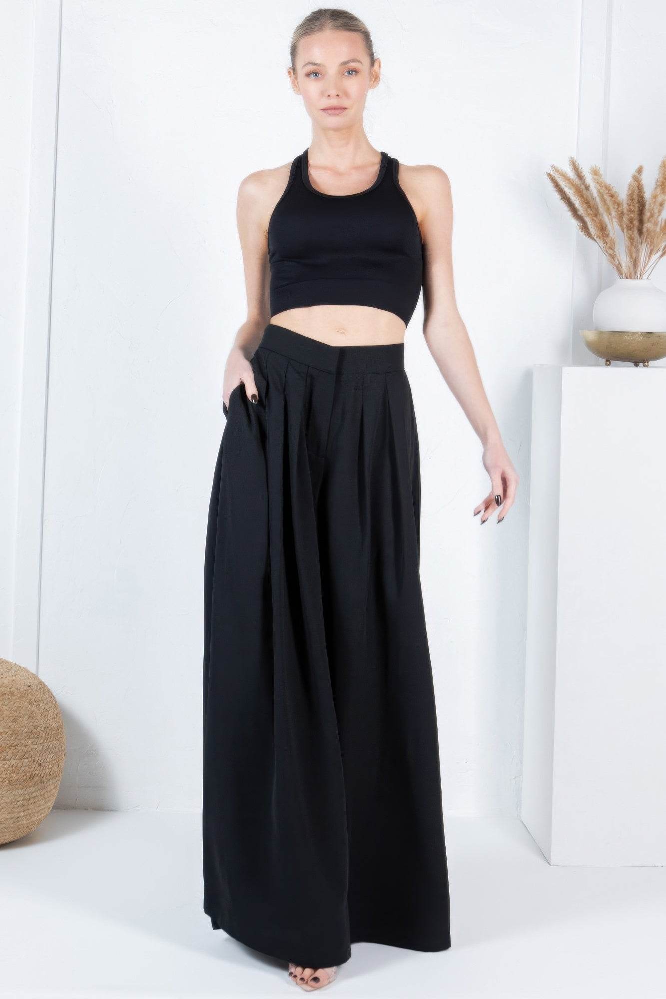 Large Hem Wide Leg Pleated Solid Pants - Bona Fide Fashion