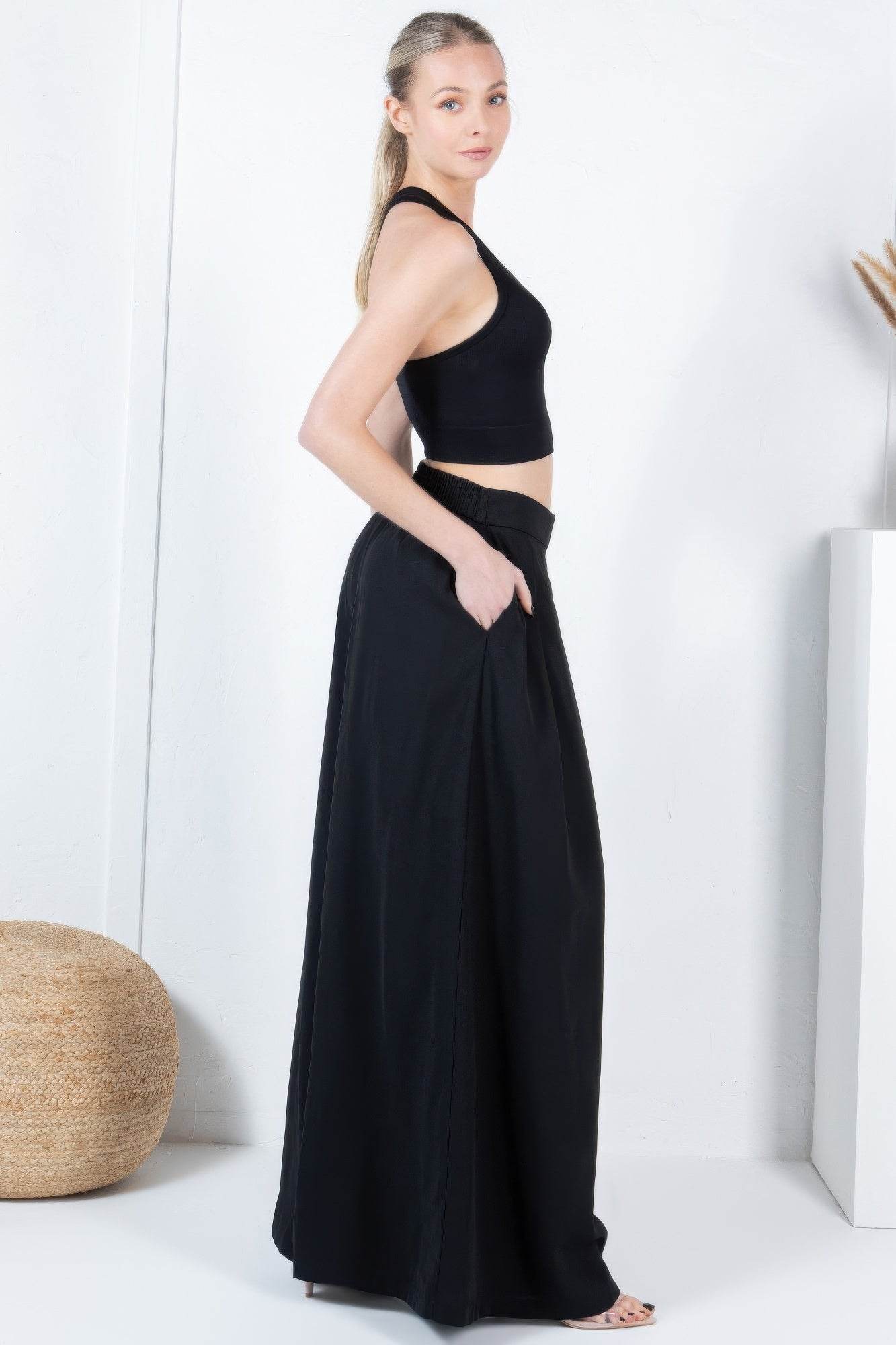 Large Hem Wide Leg Pleated Solid Pants - Bona Fide Fashion