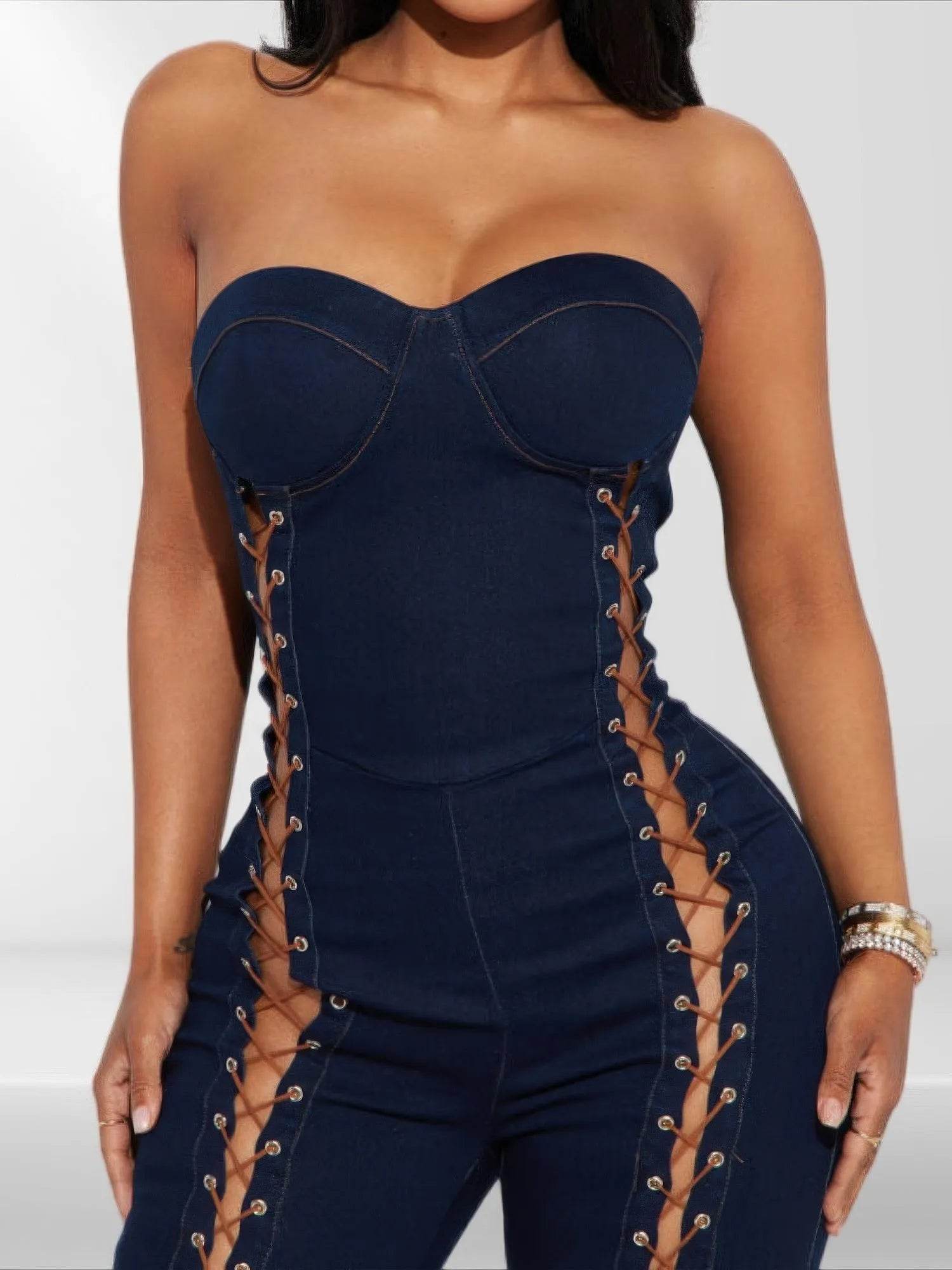 Lace Up Detail Denim Jumpsuit - Bona Fide Fashion