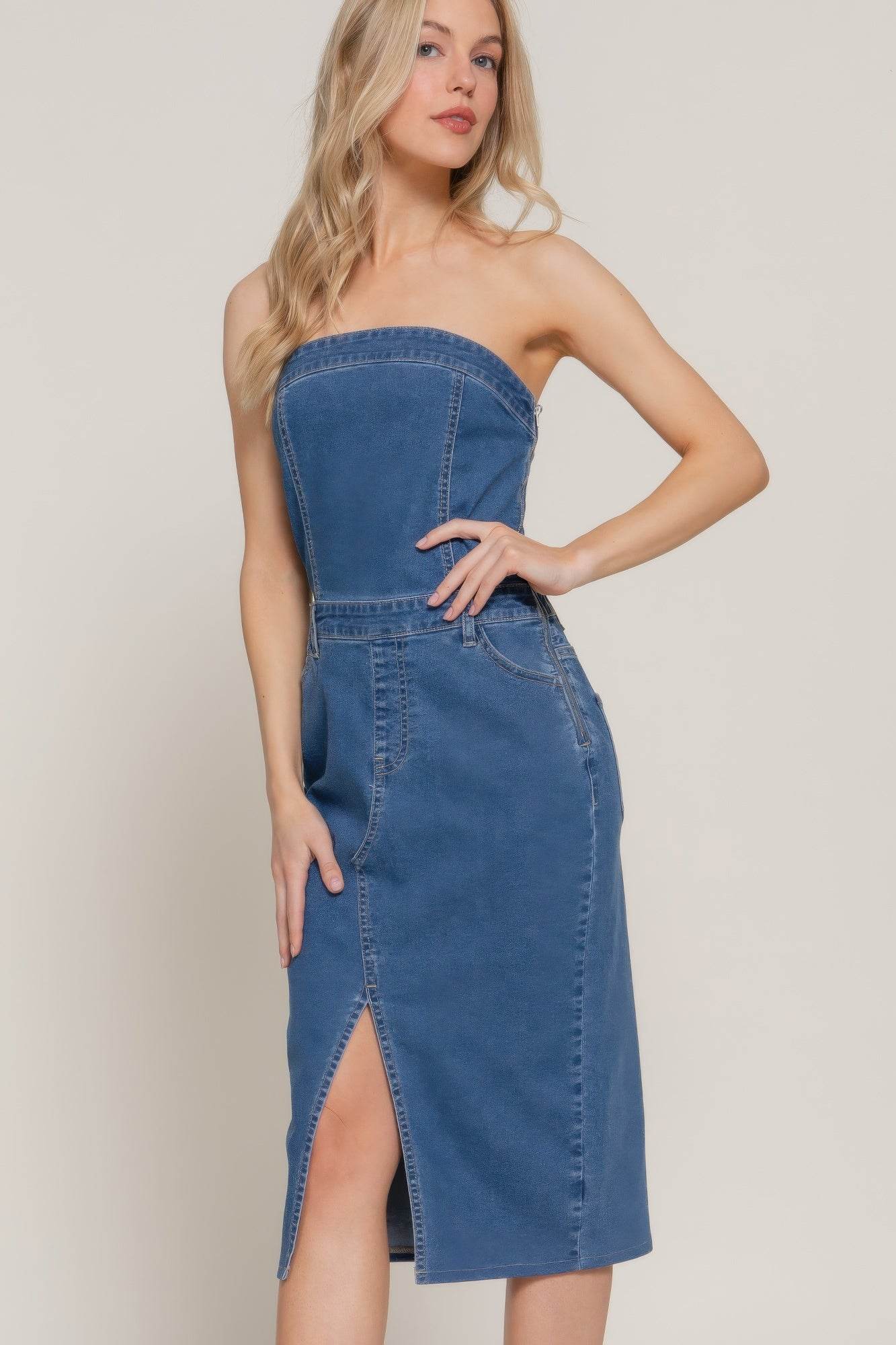 Stretch Denim Slit Tube Dress - Bona Fide Fashion