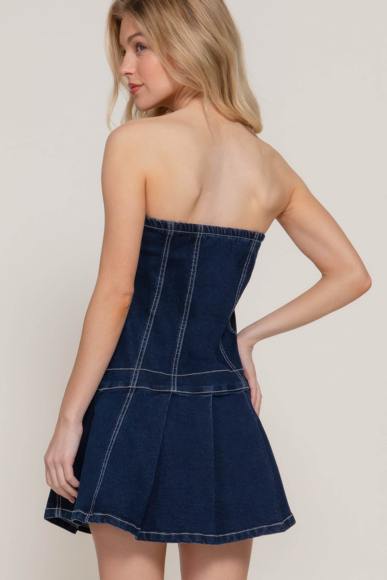 Strapless Stretch Denim Mini Pleats Dress - Bona Fide Fashion