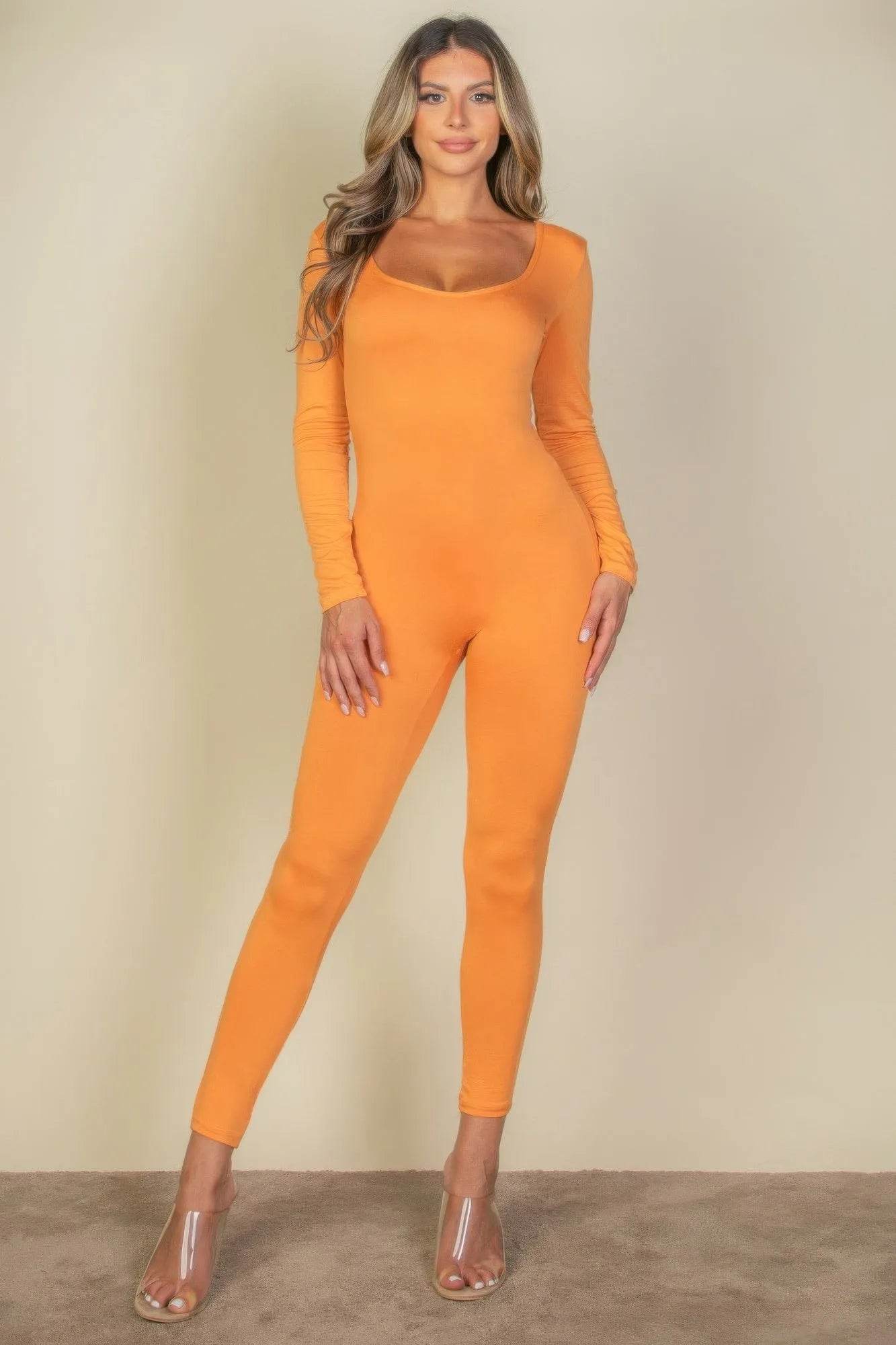 Scoop Neck Long Sleeve Bodycon Jumpsuit - Bona Fide Fashion