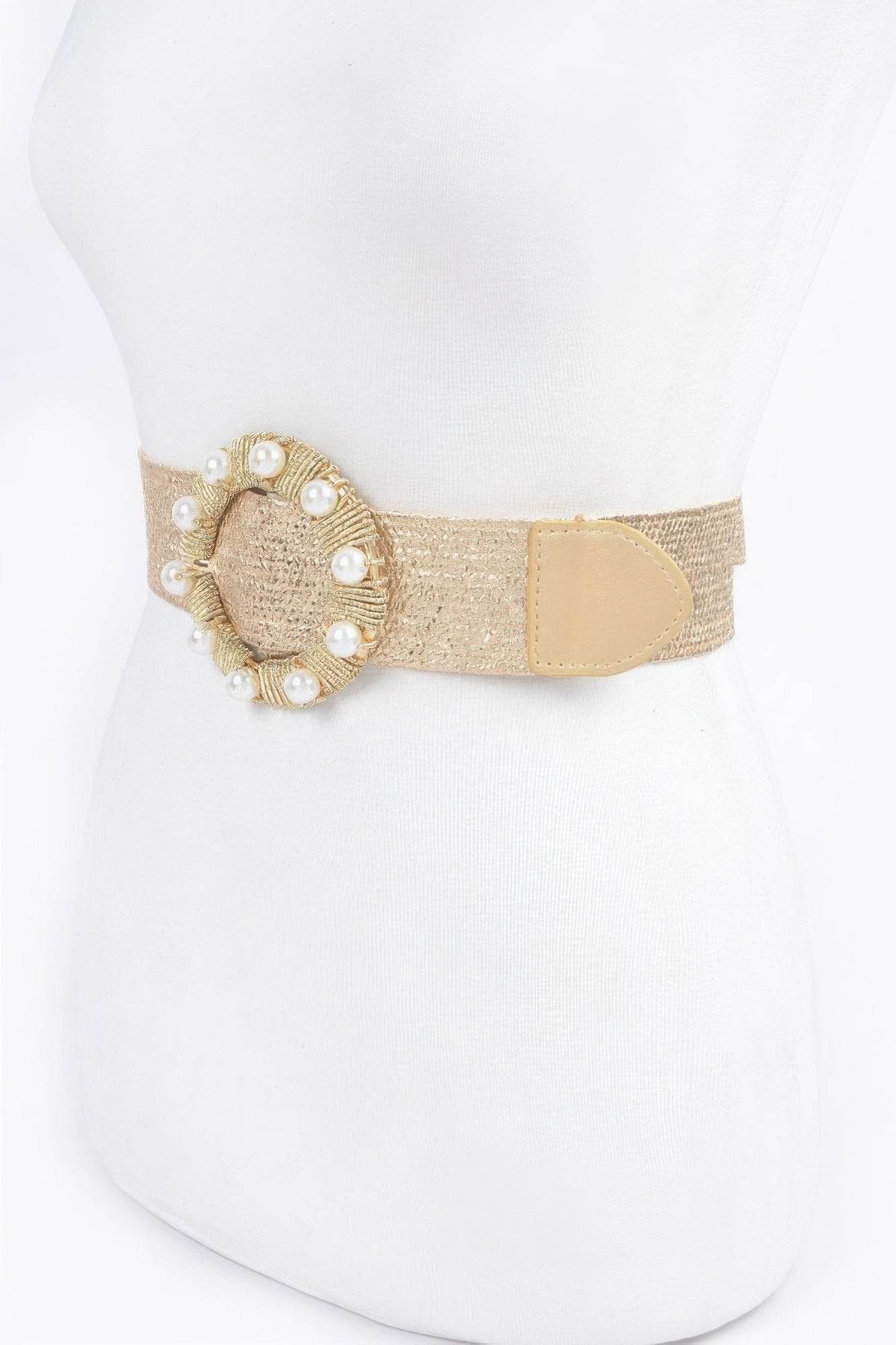 Metallic Stretch Belt W/pearl Metal Bucklt - Bona Fide Fashion
