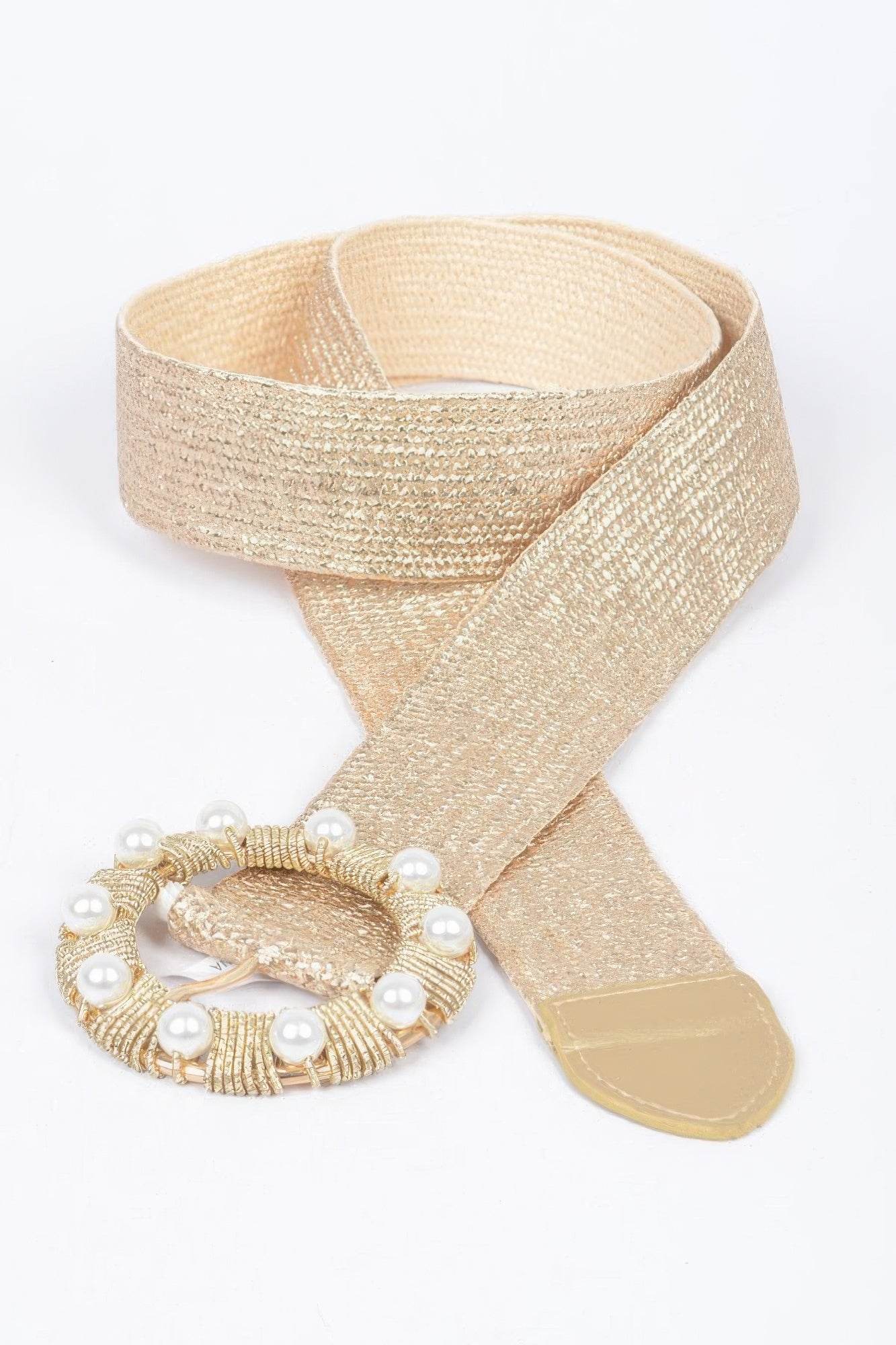 Metallic Stretch Belt W/pearl Metal Bucklt - Bona Fide Fashion