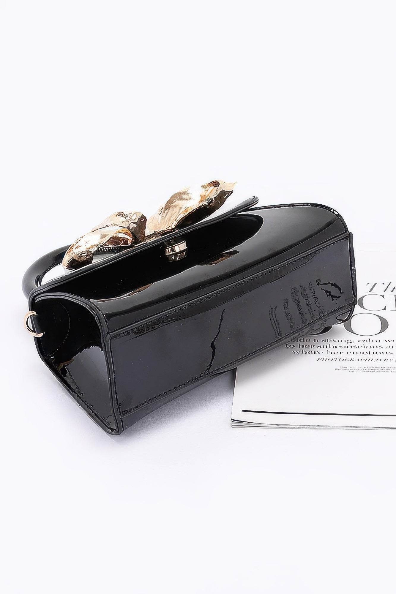 Faux Leather Metal Ribbon Top Handle Bag - Bona Fide Fashion