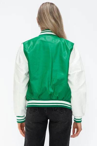 Love Me Now PU Leather Contrast Snap Down Bomber Jacket - Bona Fide Fashion