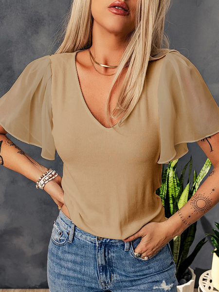 Women's V-Neck Flutter Sleeve T-Shirt Top HWFUD77ME3 HWFUD77ME3