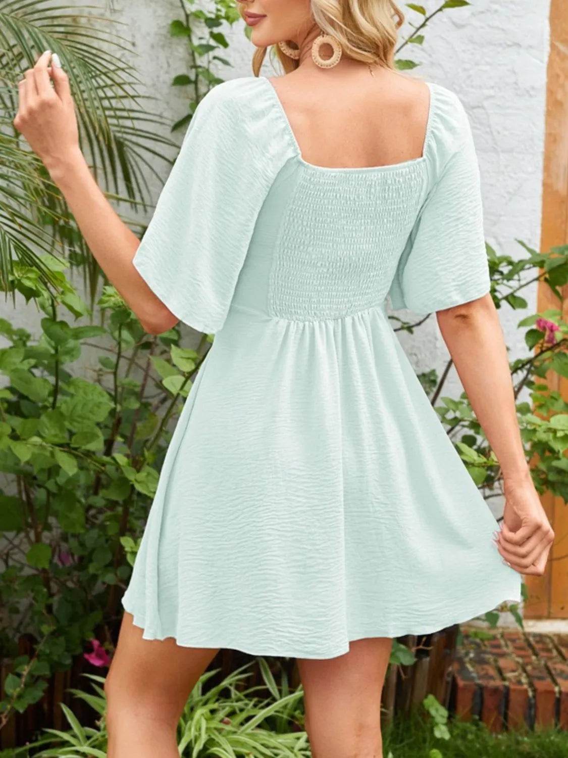 Smocked Back Knotted Flutter Sleeve Dress - Bona Fide Fashion