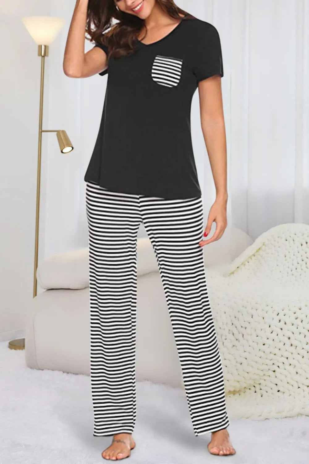 Pocketed Short Sleeve and Striped Pants Lounge Set