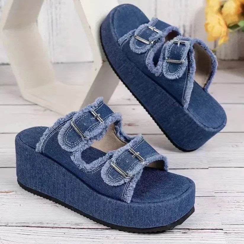 Raw Hem Wedge Buckle Sandals - Bona Fide Fashion