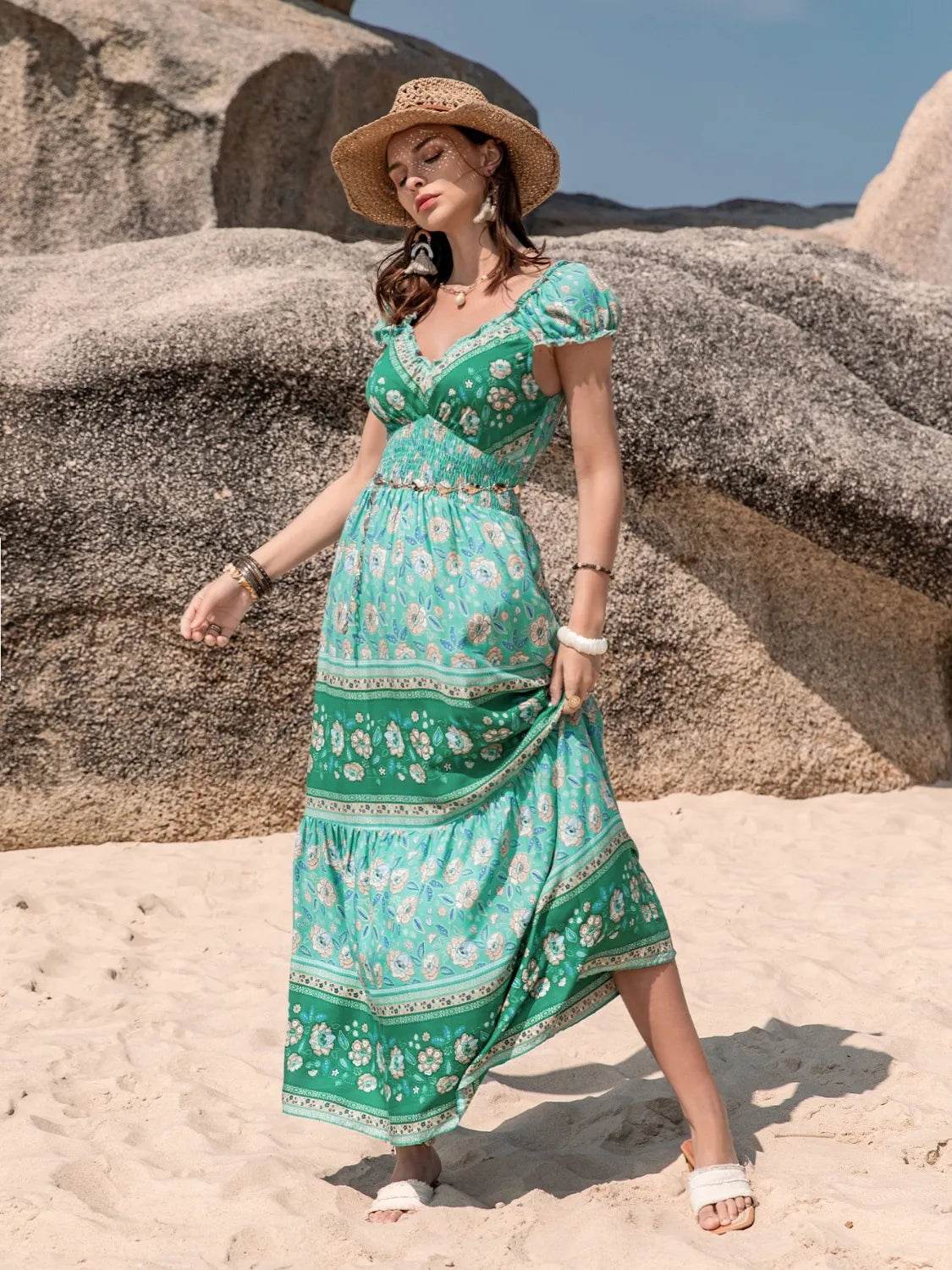 Smocked Printed V-Neck Dress - Bona Fide Fashion