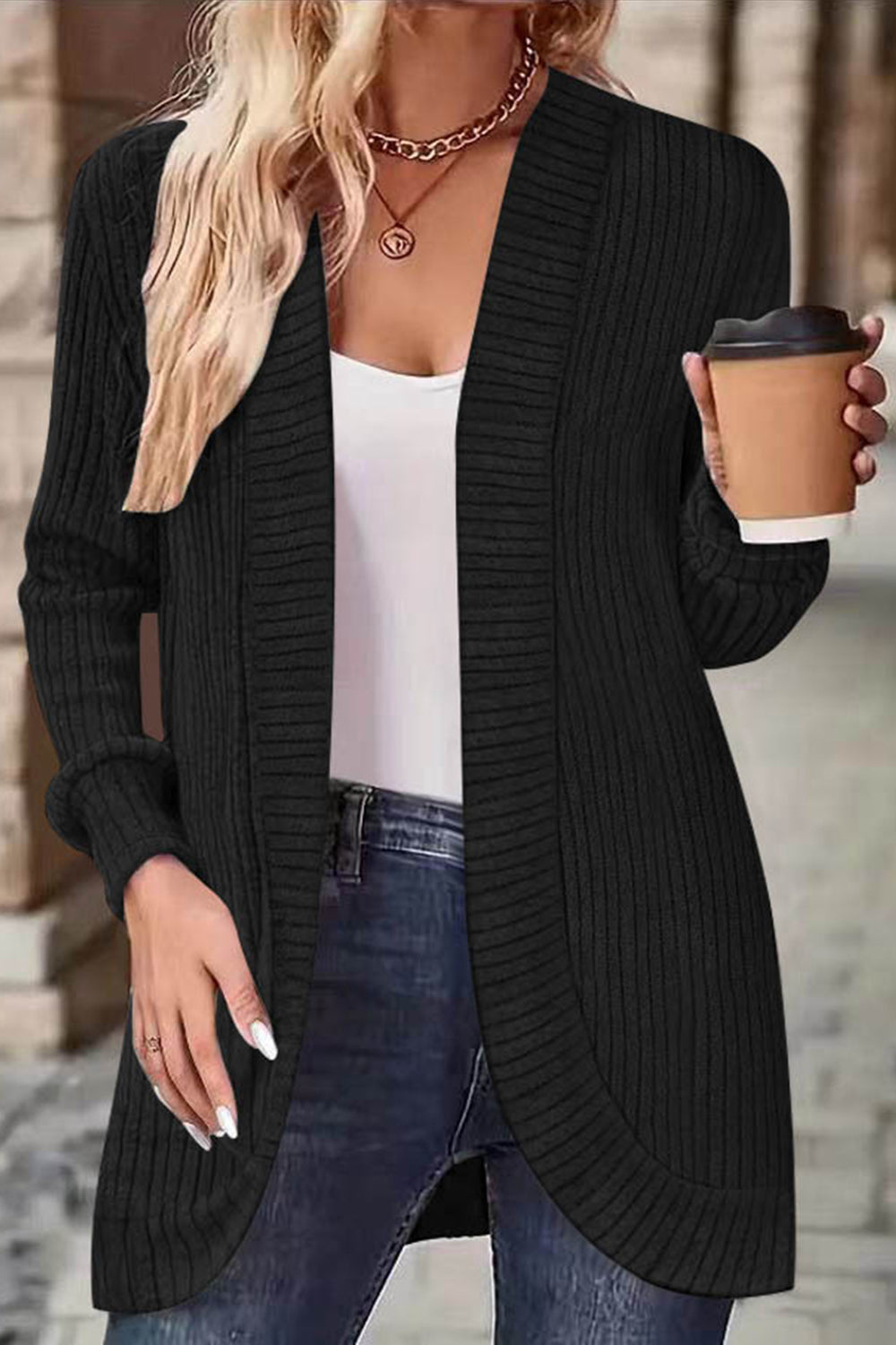 Ribbed Open Front Long Sleeve Cardigan