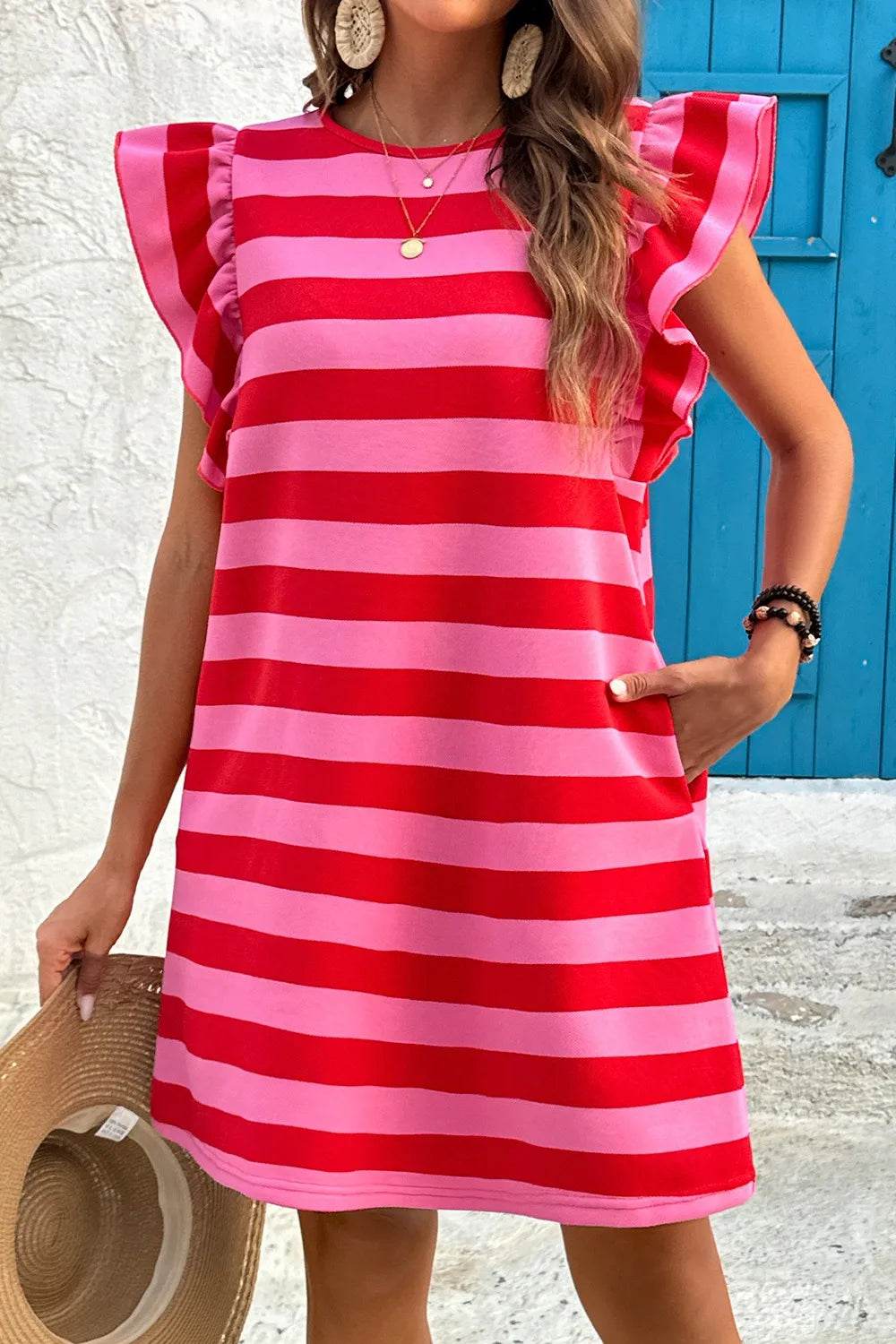 Contrast Striped Round Neck Cap Sleeve Mini Dress - Bona Fide Fashion