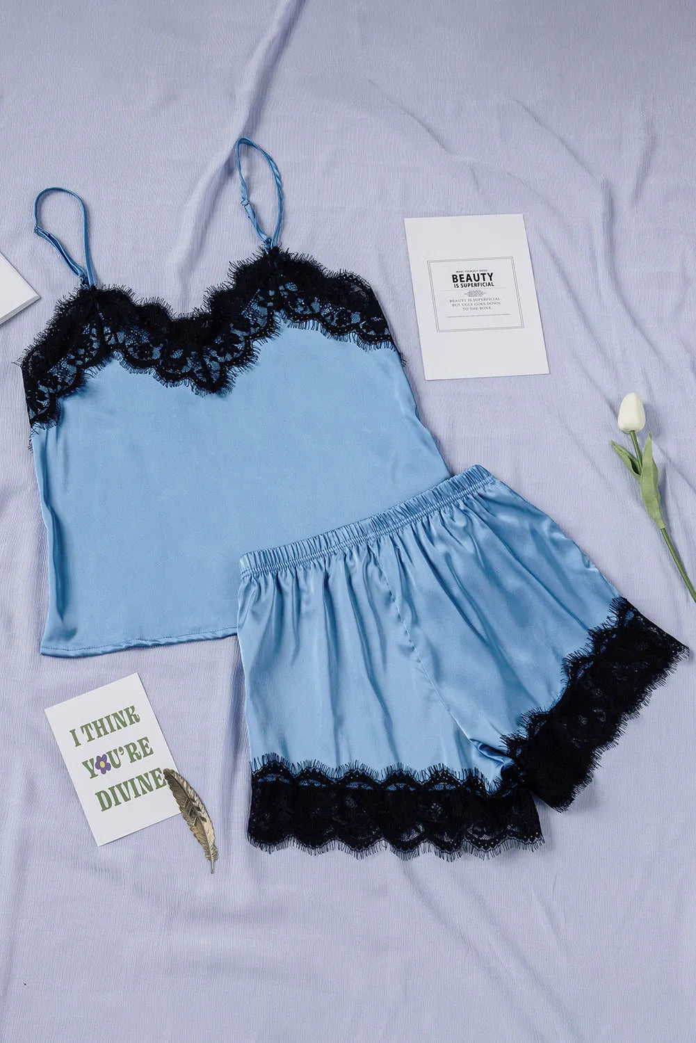 Lace Detail Spaghetti Strap and Shorts Lounge Set