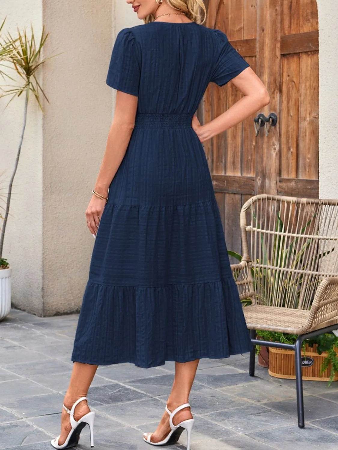 Tiered Notched Short Sleeve Dress - Bona Fide Fashion
