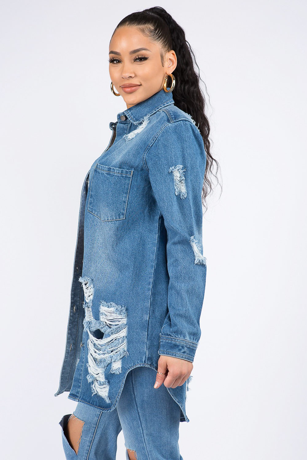 Denim Shirt Jacket | American Bazi Distressed Button Down - Bona Fide Fashion