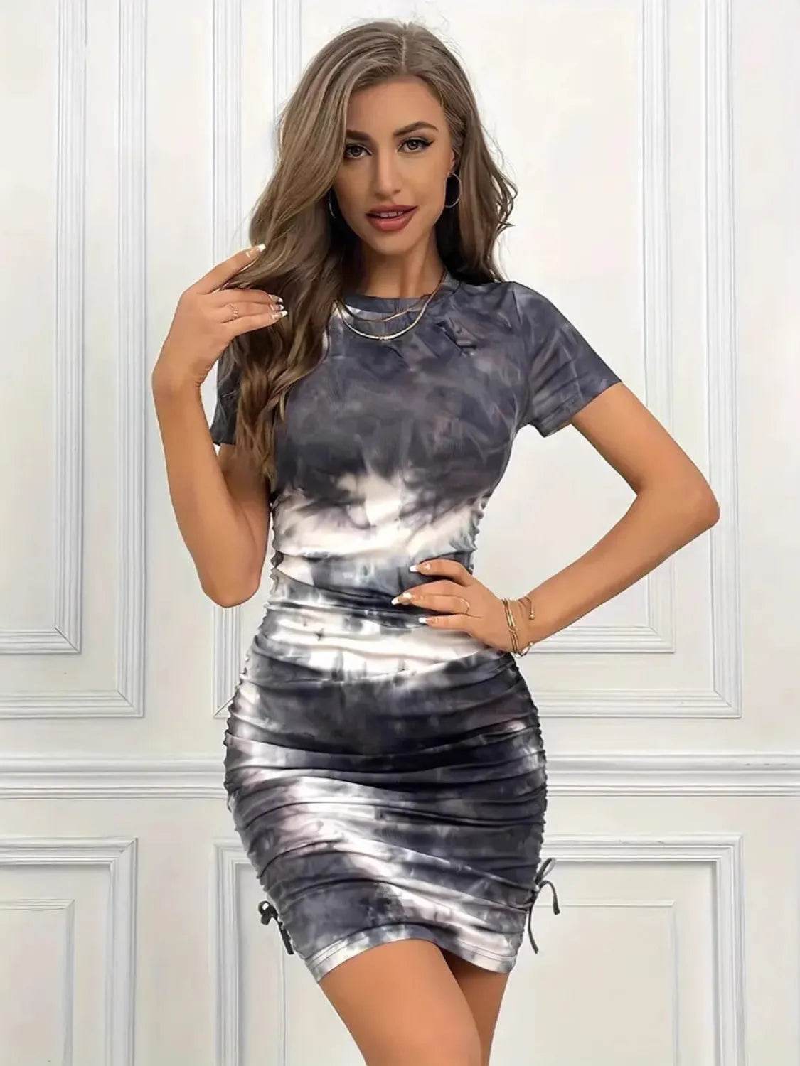 Drawstring Tie-Dye Round Neck Short Sleeve Dress - Bona Fide Fashion