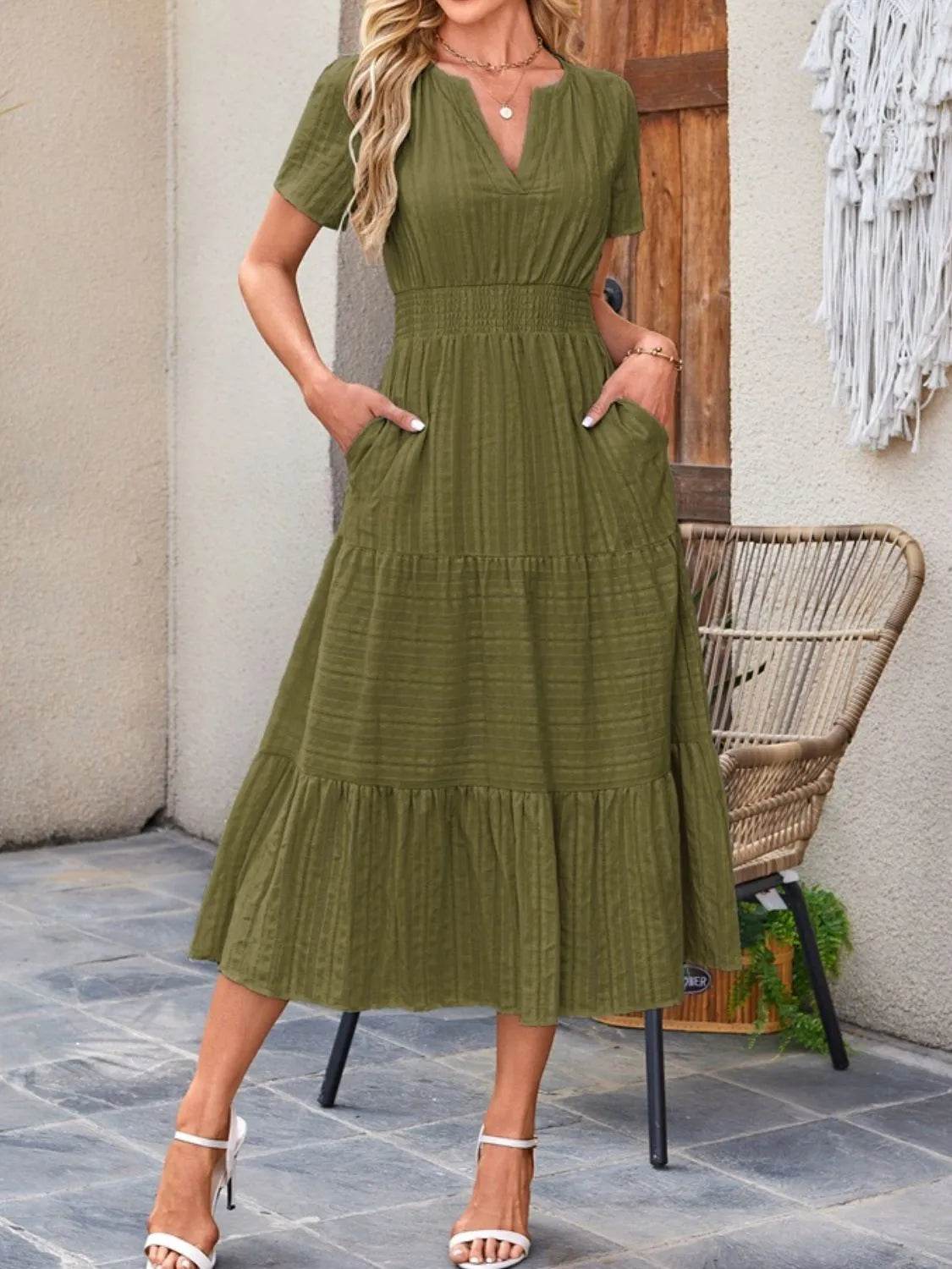Tiered Notched Short Sleeve Dress - Bona Fide Fashion