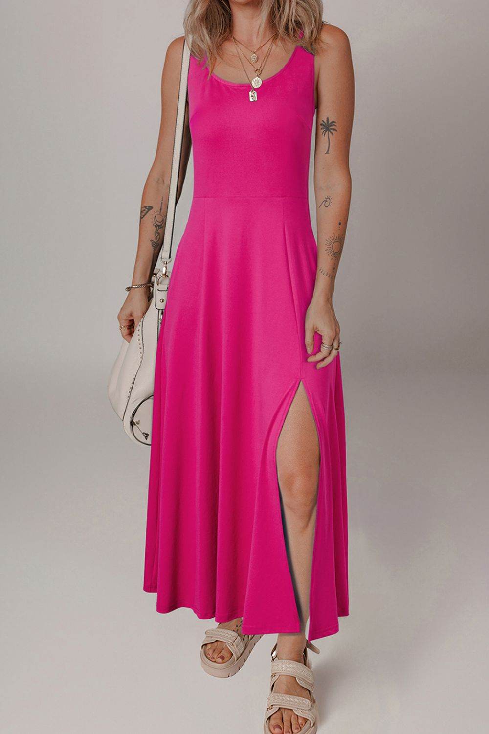 Side Slit Scoop Neck Wide Strap Dress - Bona Fide Fashion