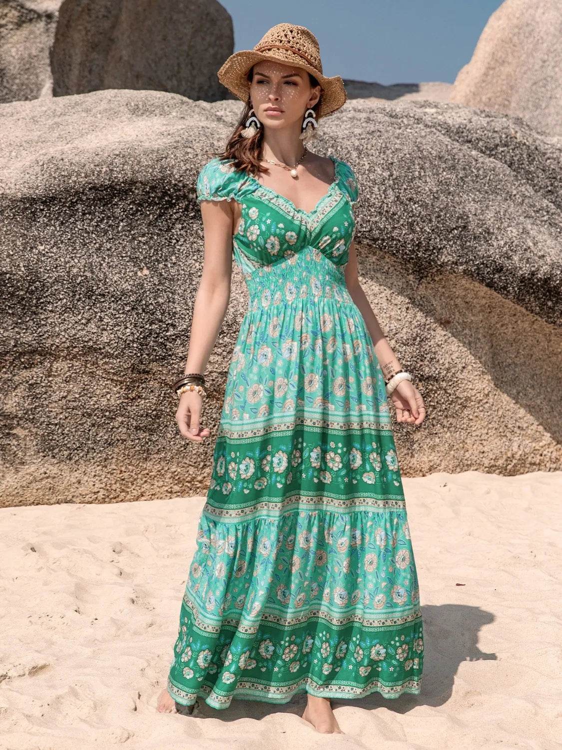 Smocked Printed V-Neck Dress - Bona Fide Fashion