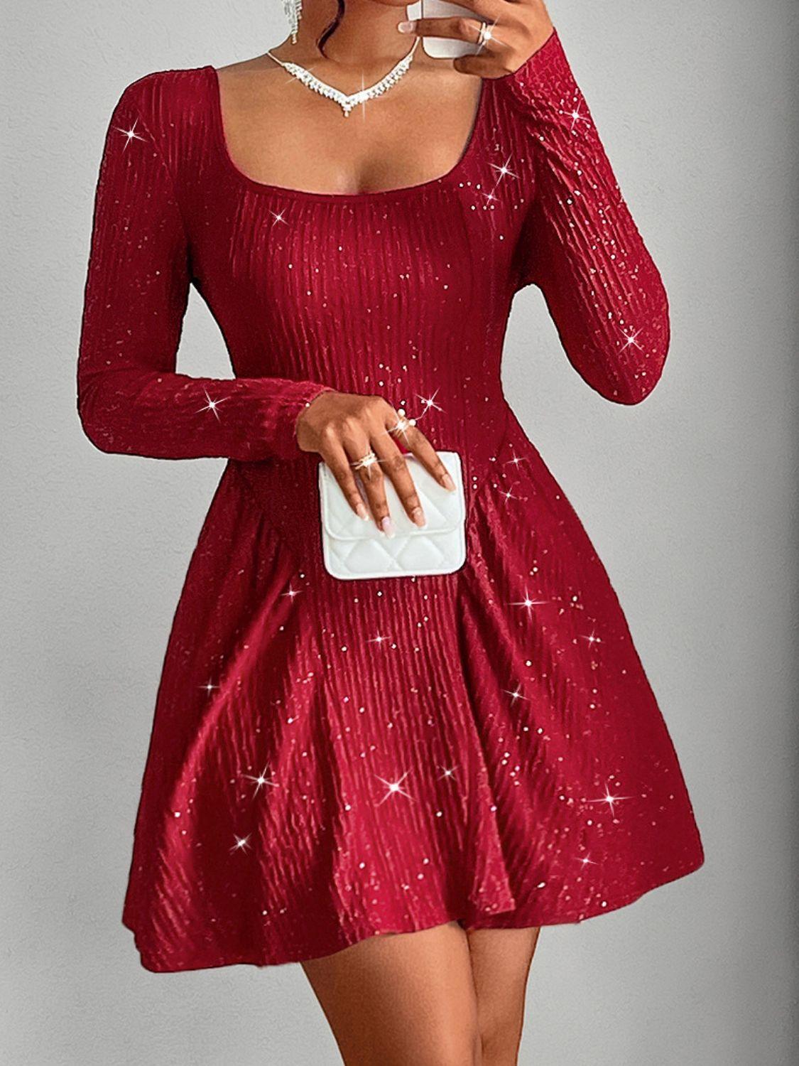 Backless Glitter Square Neck Long Sleeve Mini Dress - Bona Fide Fashion