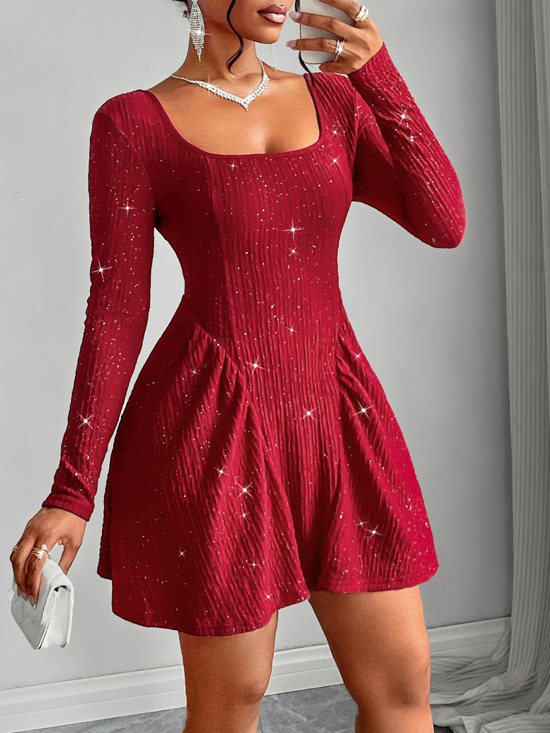 Backless Glitter Square Neck Long Sleeve Mini Dress - Bona Fide Fashion