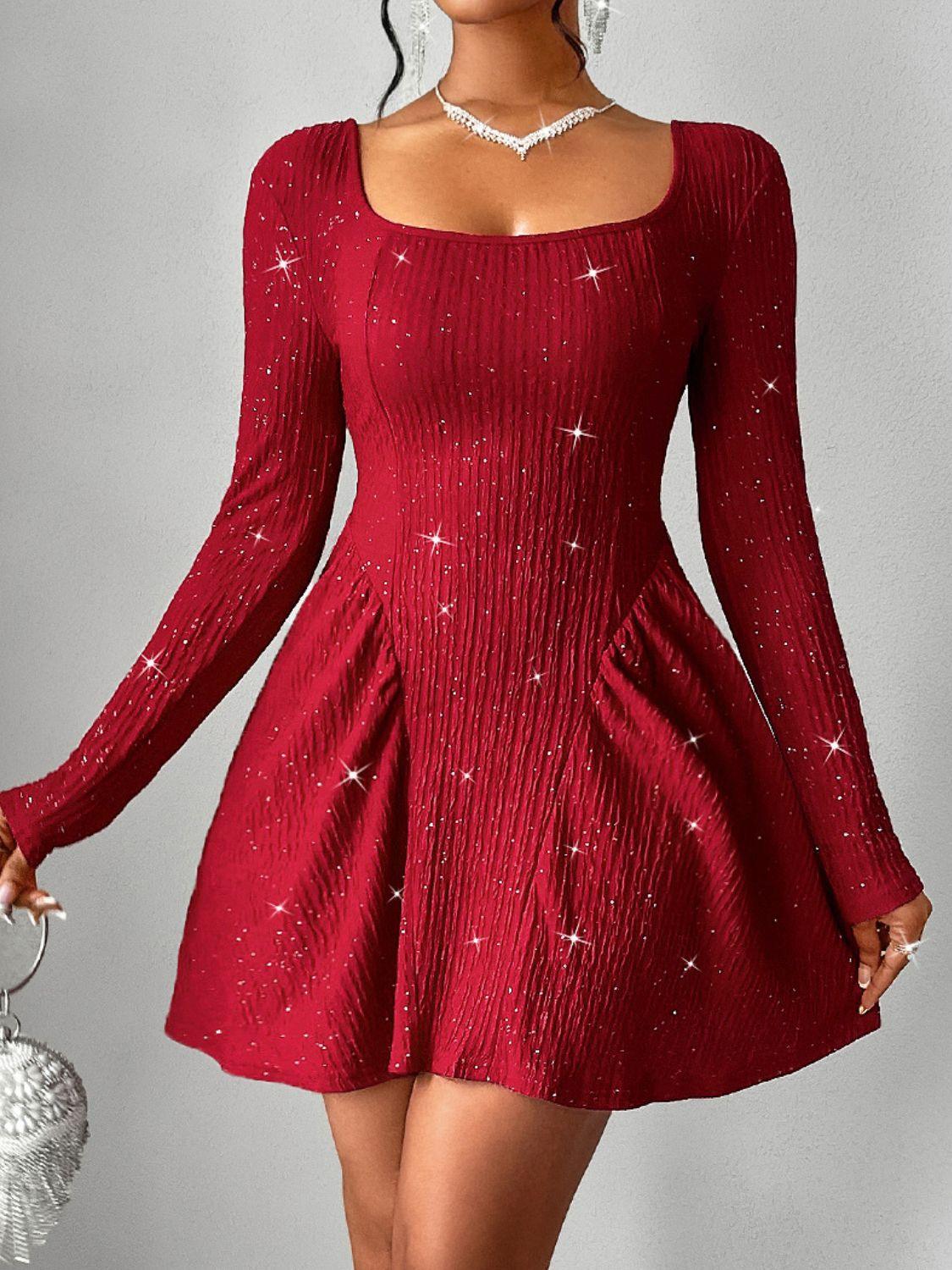 Backless Glitter Square Neck Long Sleeve Mini Dress - Bona Fide Fashion