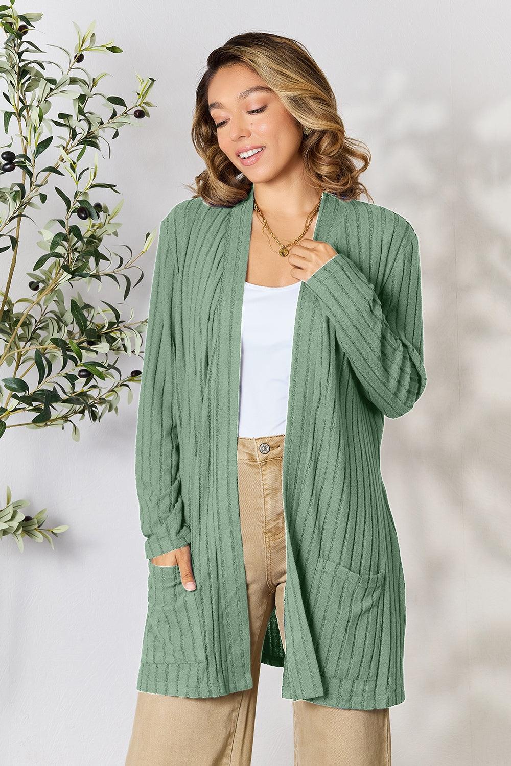 Basic Bae Full Size Ribbed Open Front Cardigan with Pockets - Bona Fide Fashion