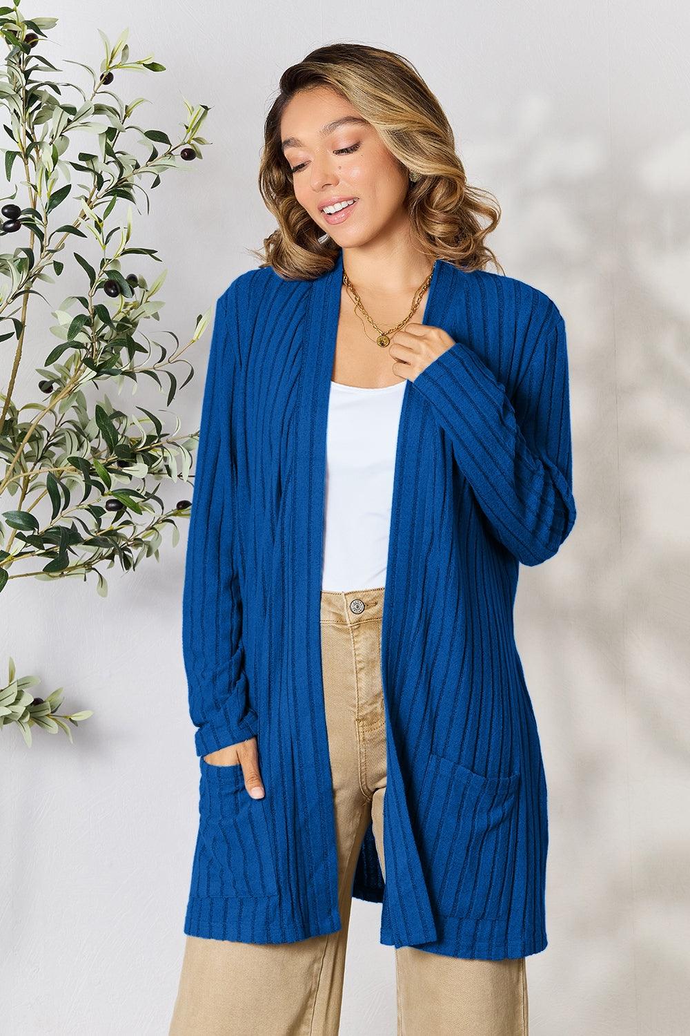 Basic Bae Full Size Ribbed Open Front Cardigan with Pockets - Bona Fide Fashion