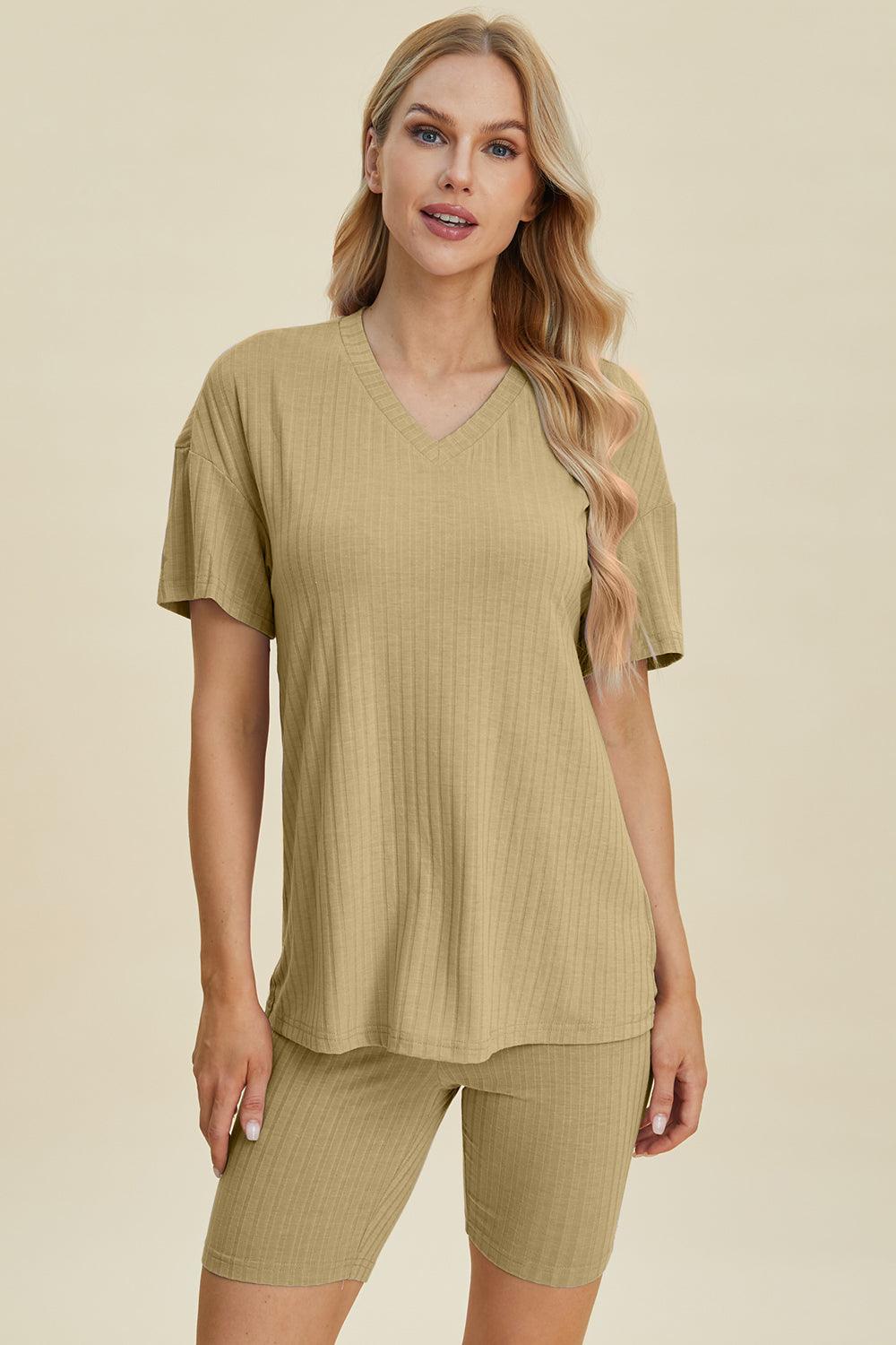 Basic Bae Full Size Ribbed V-Neck Short Sleeve Top and Shorts Set - Bona Fide Fashion