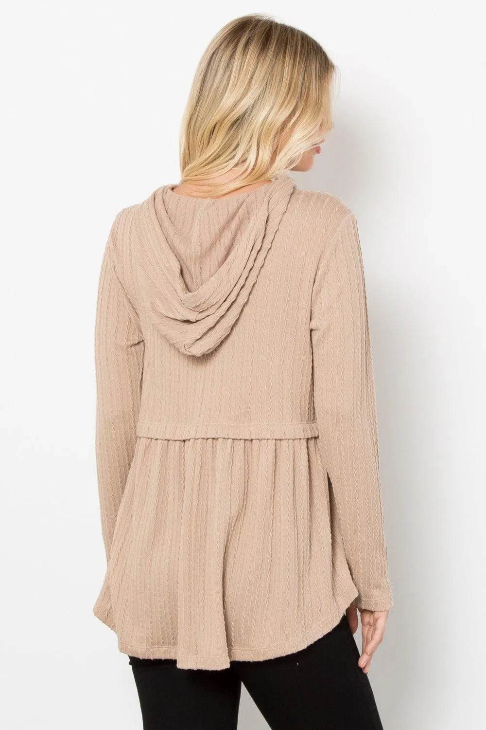 Be Stage Full Size Peplum Hoodie – Long Sleeve Cable Knit Pullover for Fall - Bona Fide Fashion