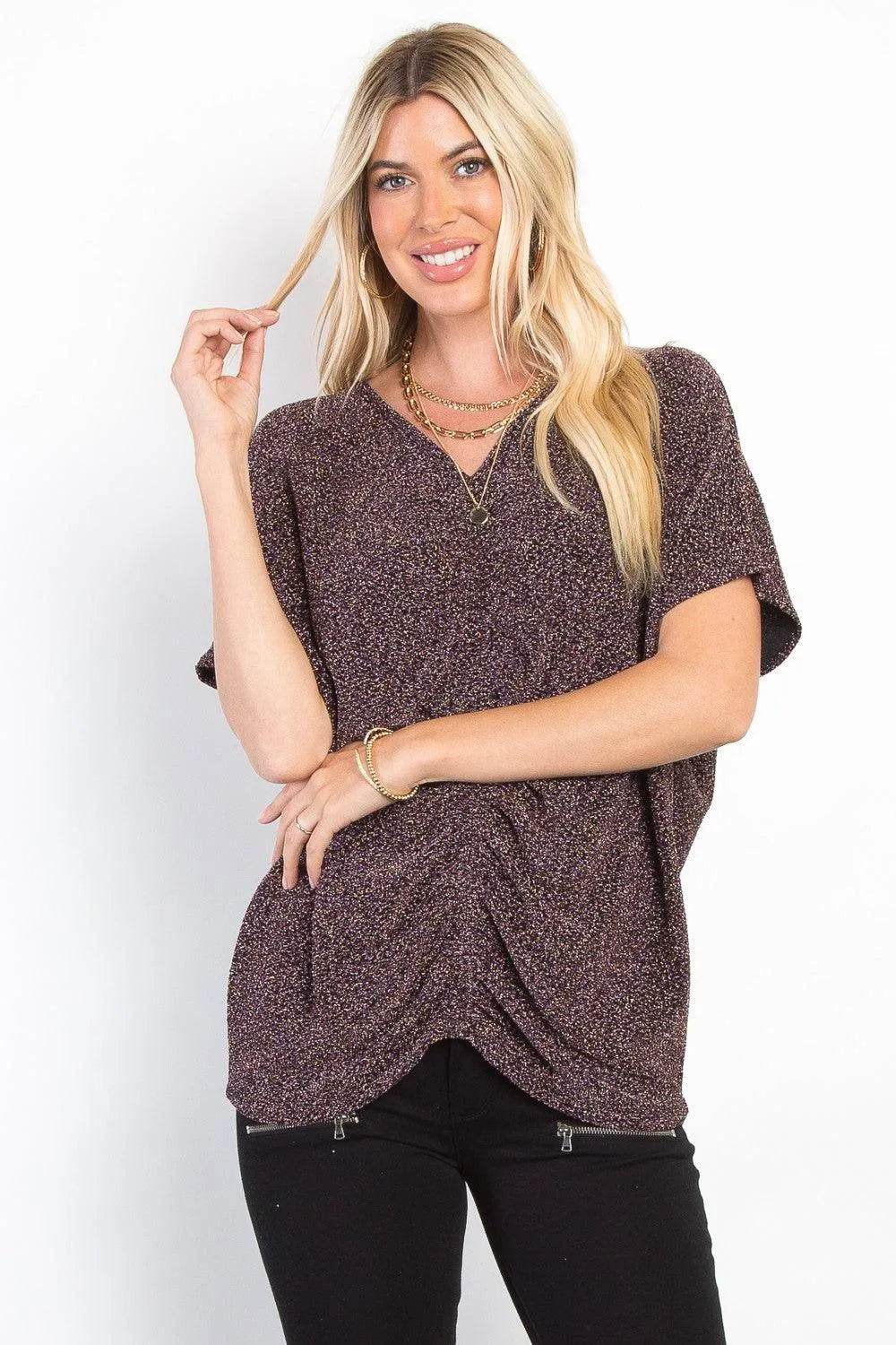 Be Stage Full Size Lurex Cinched Knit Top – Shimmer Stretch Long Sleeve Blouse - Bona Fide Fashion