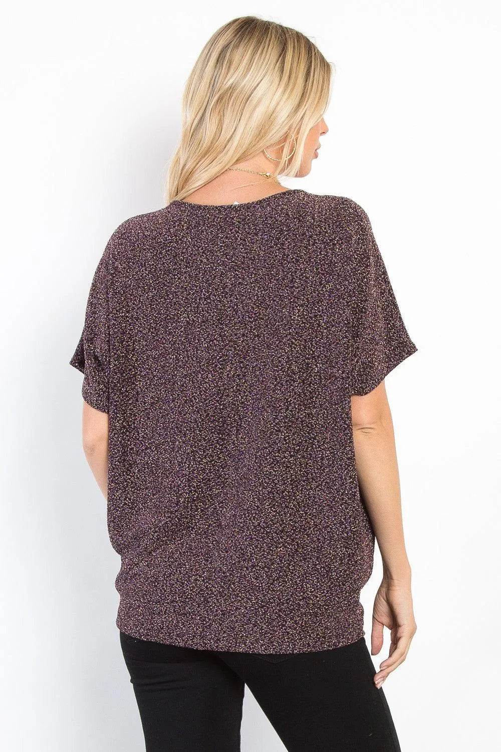 Be Stage Full Size Lurex Cinched Knit Top – Shimmer Stretch Long Sleeve Blouse - Bona Fide Fashion
