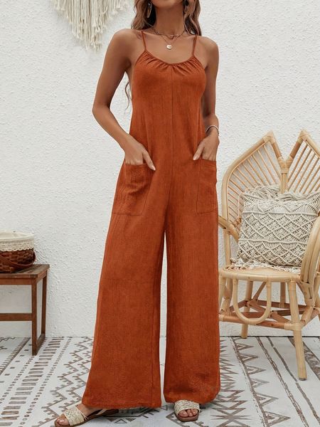 Solid Color Sleeveless Jumpsuits Long Pants with Pockets  HEHW3T2XD2